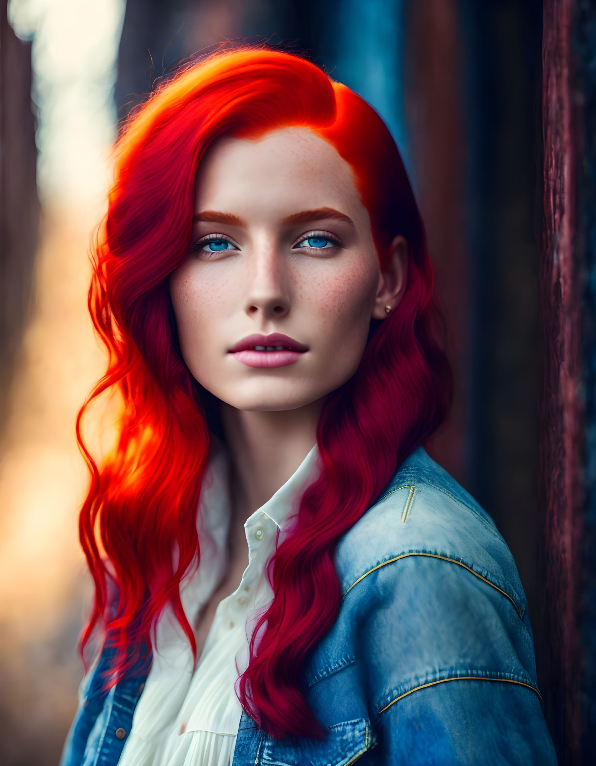 Red-haired woman with blue eyes in autumnal woods setting.