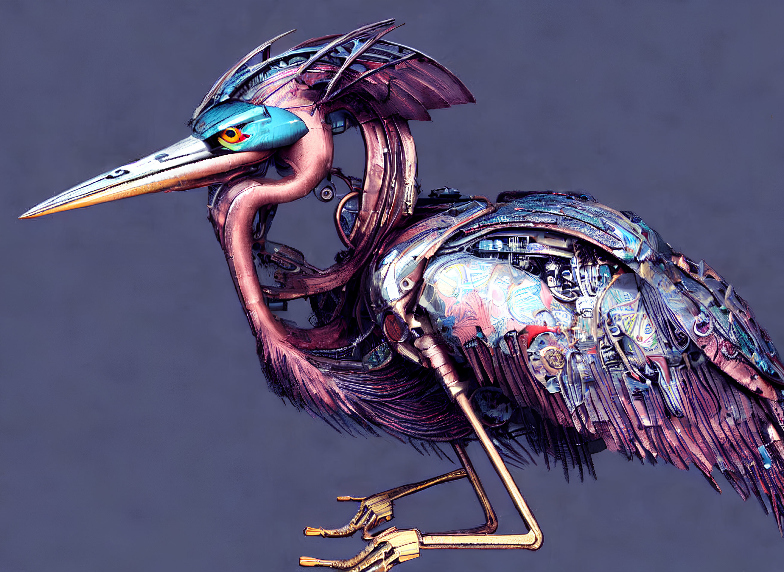 Mechanical Heron Artwork with Cybernetic Components & Vivid Colors