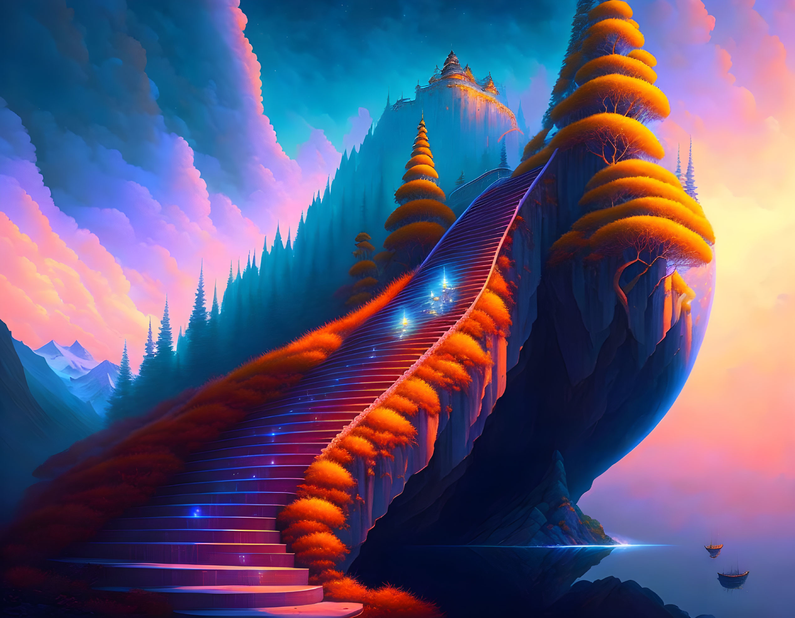 Vibrant digital artwork: Grand staircase on cliff with orange foliage under twilight sky