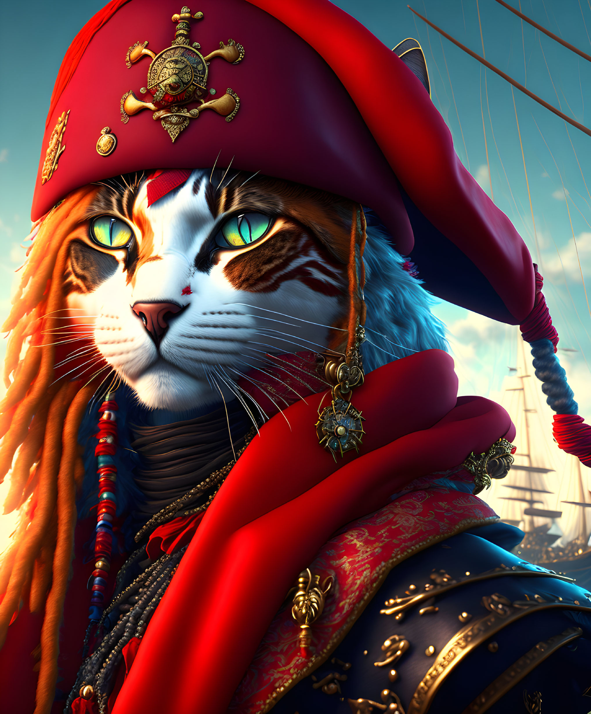 Anthropomorphic cat in red admiral uniform with golden embellishments