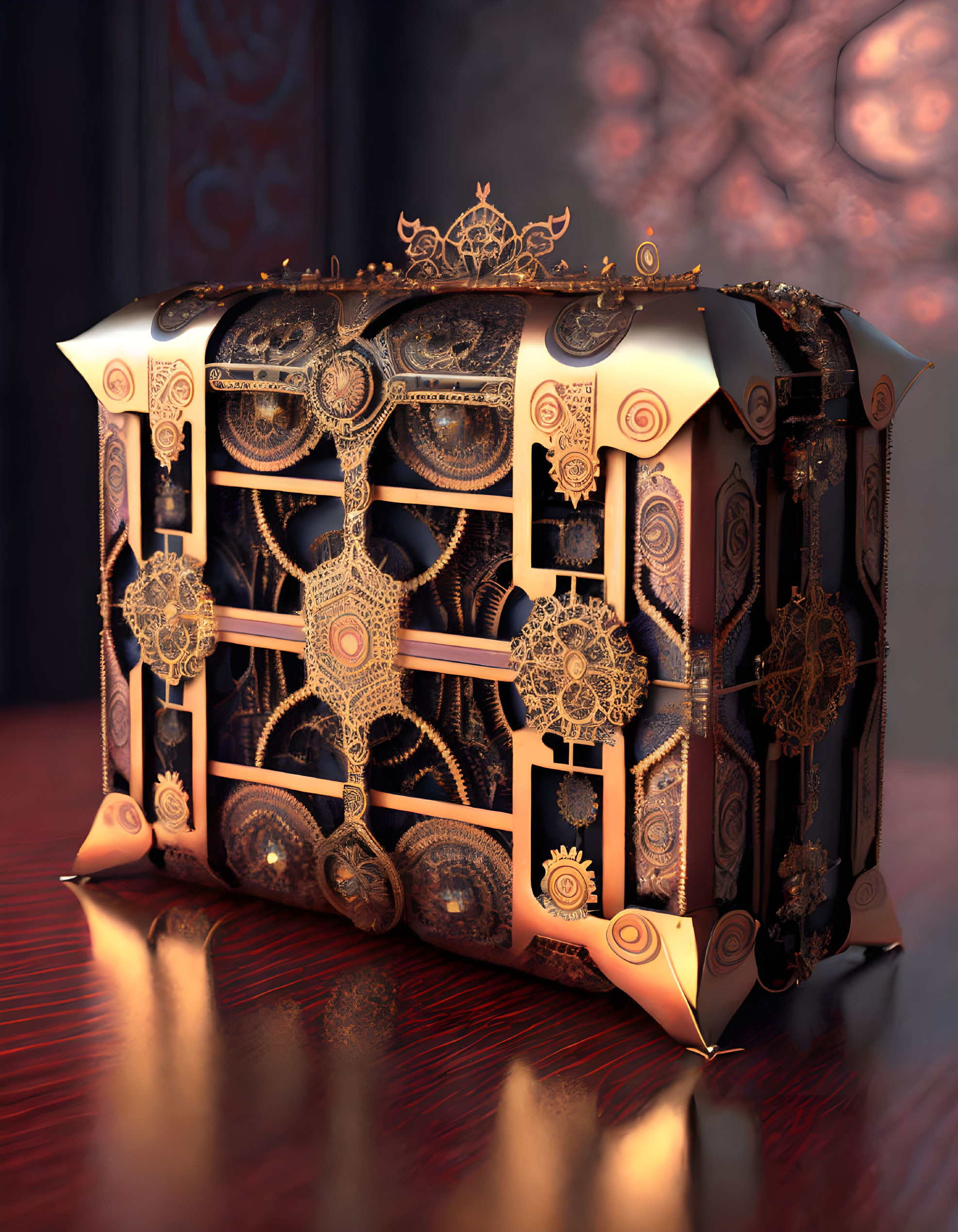 Steampunk-inspired ornate chest with metallic gears and golden details