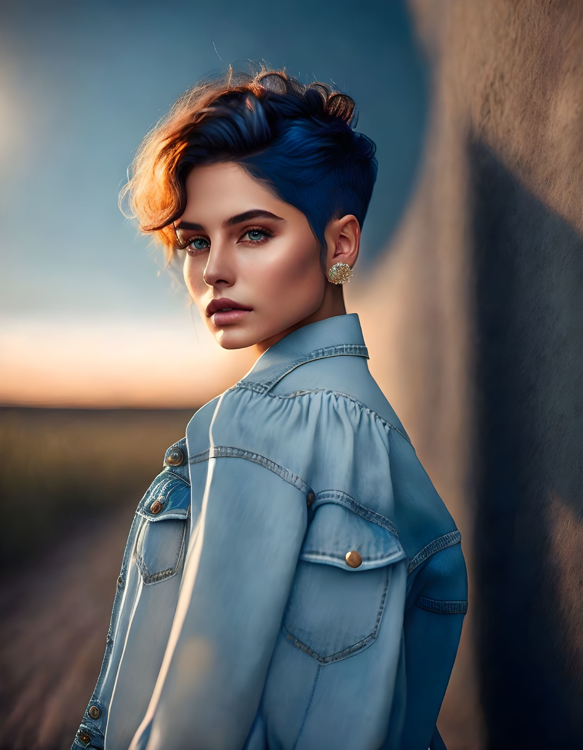 Blue-haired person in denim jacket against wall at sunset