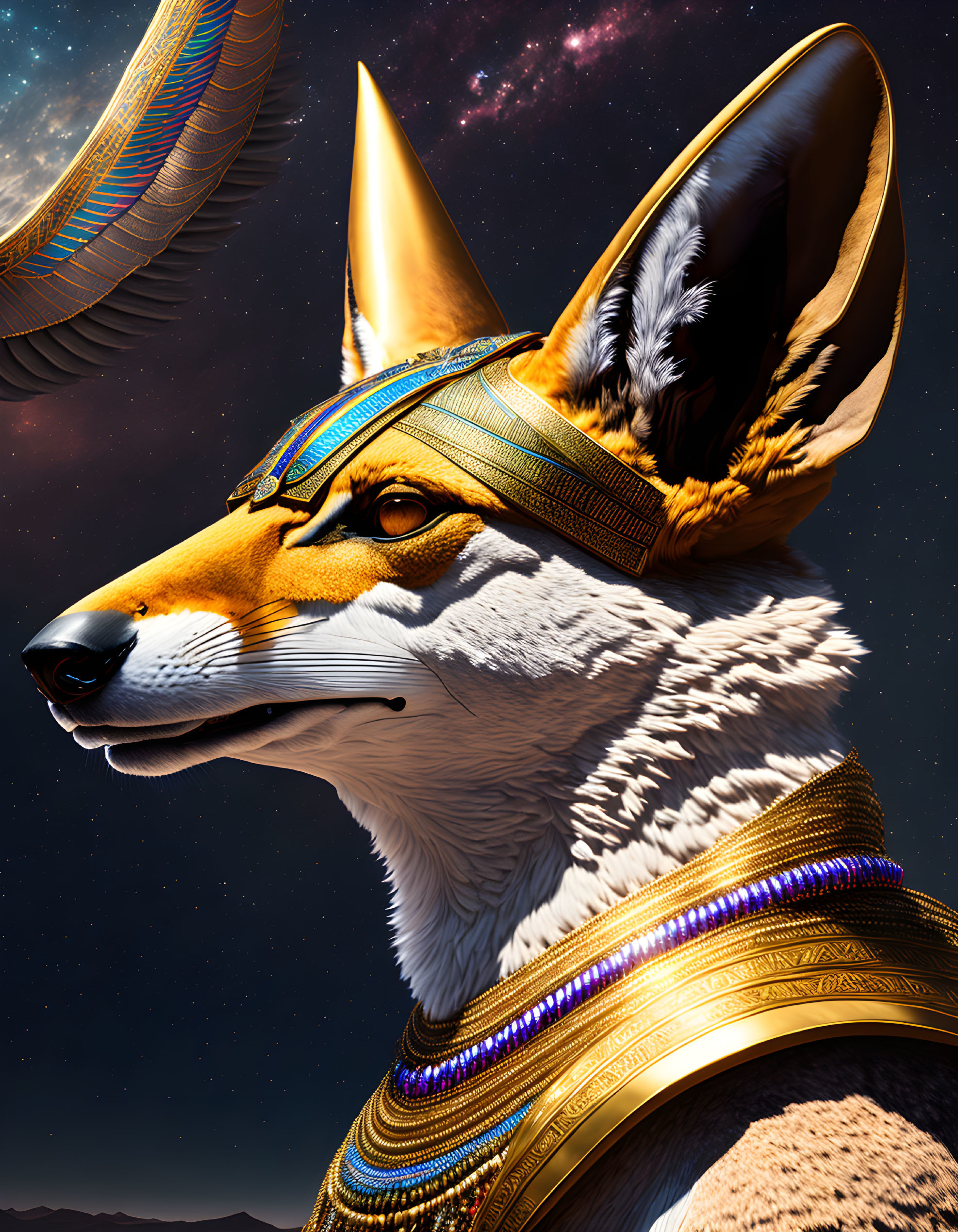 Digital art: Anubis depicted with jackal head, wearing traditional jewelry, set against cosmic background