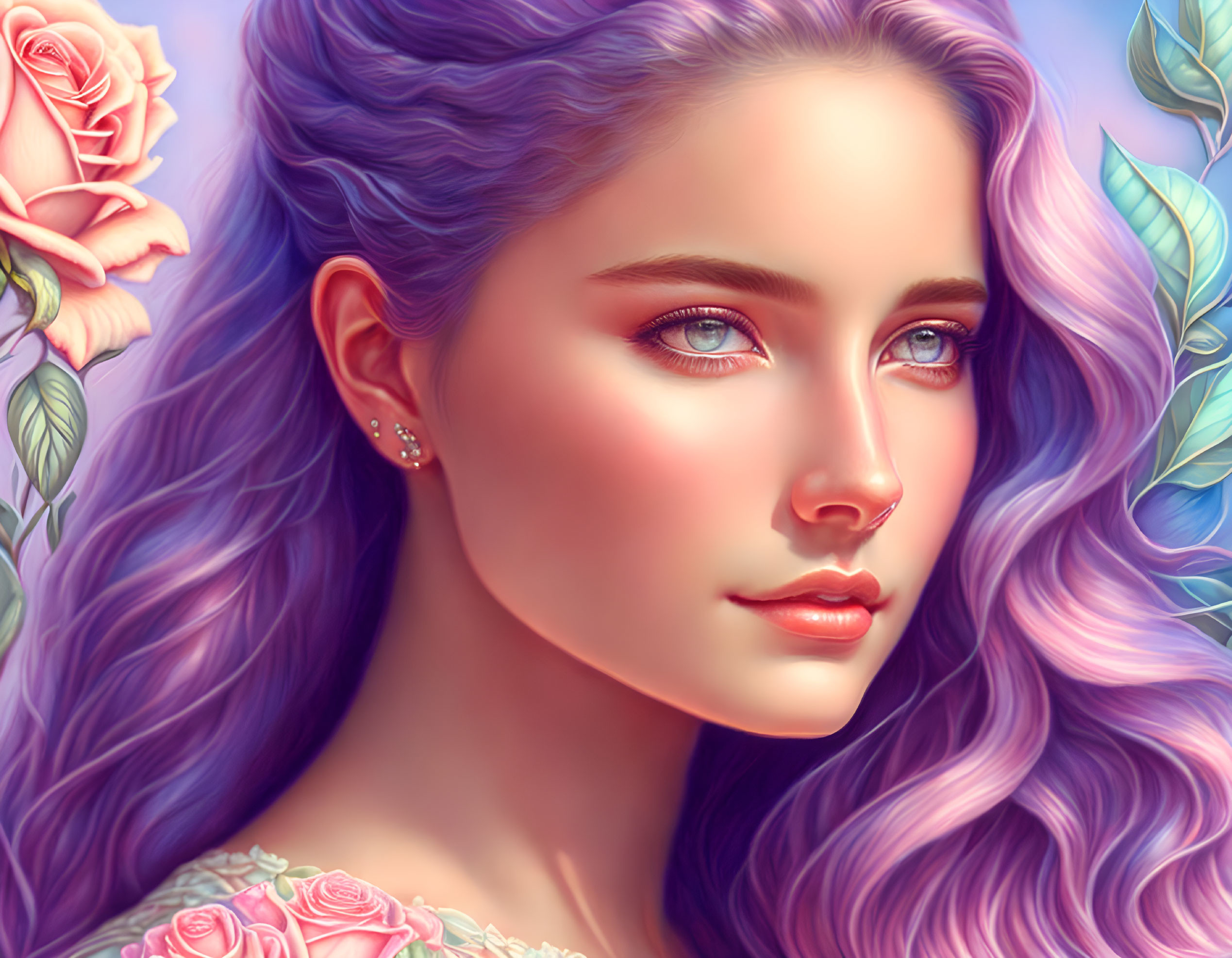 Digital illustration: Woman with purple hair, blue eyes, pink roses, blue leaves