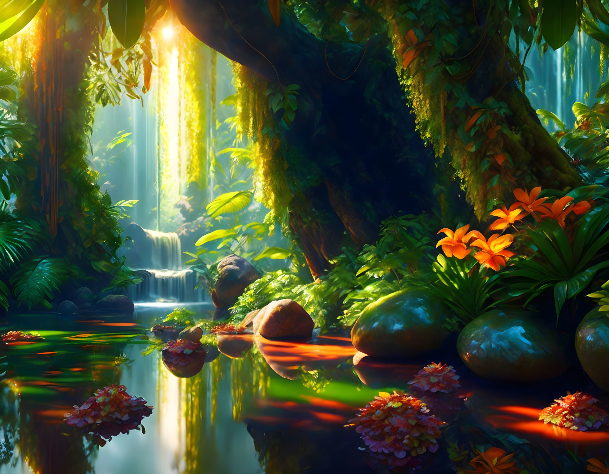 Enchanted forest with waterfall, sunbeams, and floral reflections