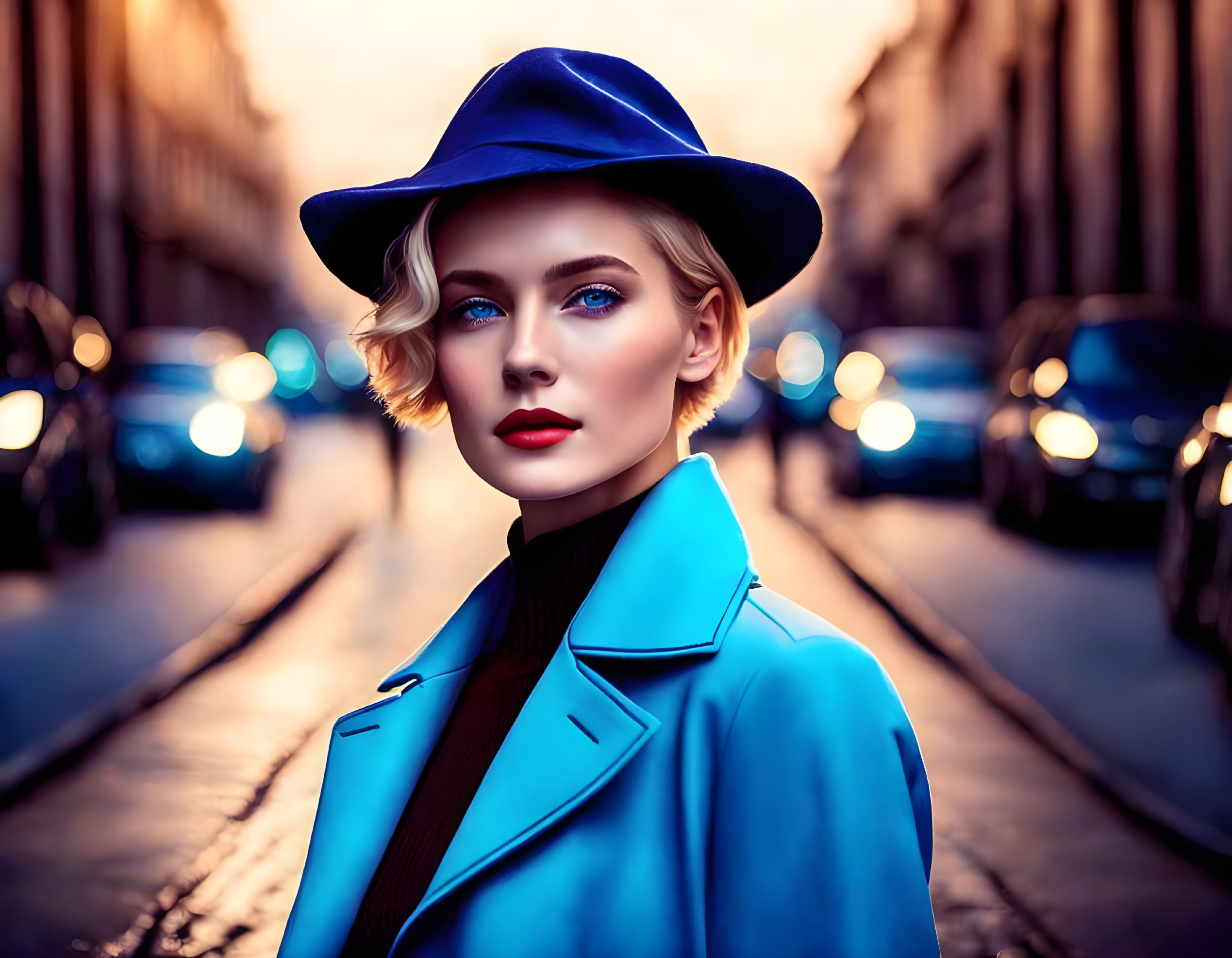 Blonde woman in blue hat and coat in city street at twilight