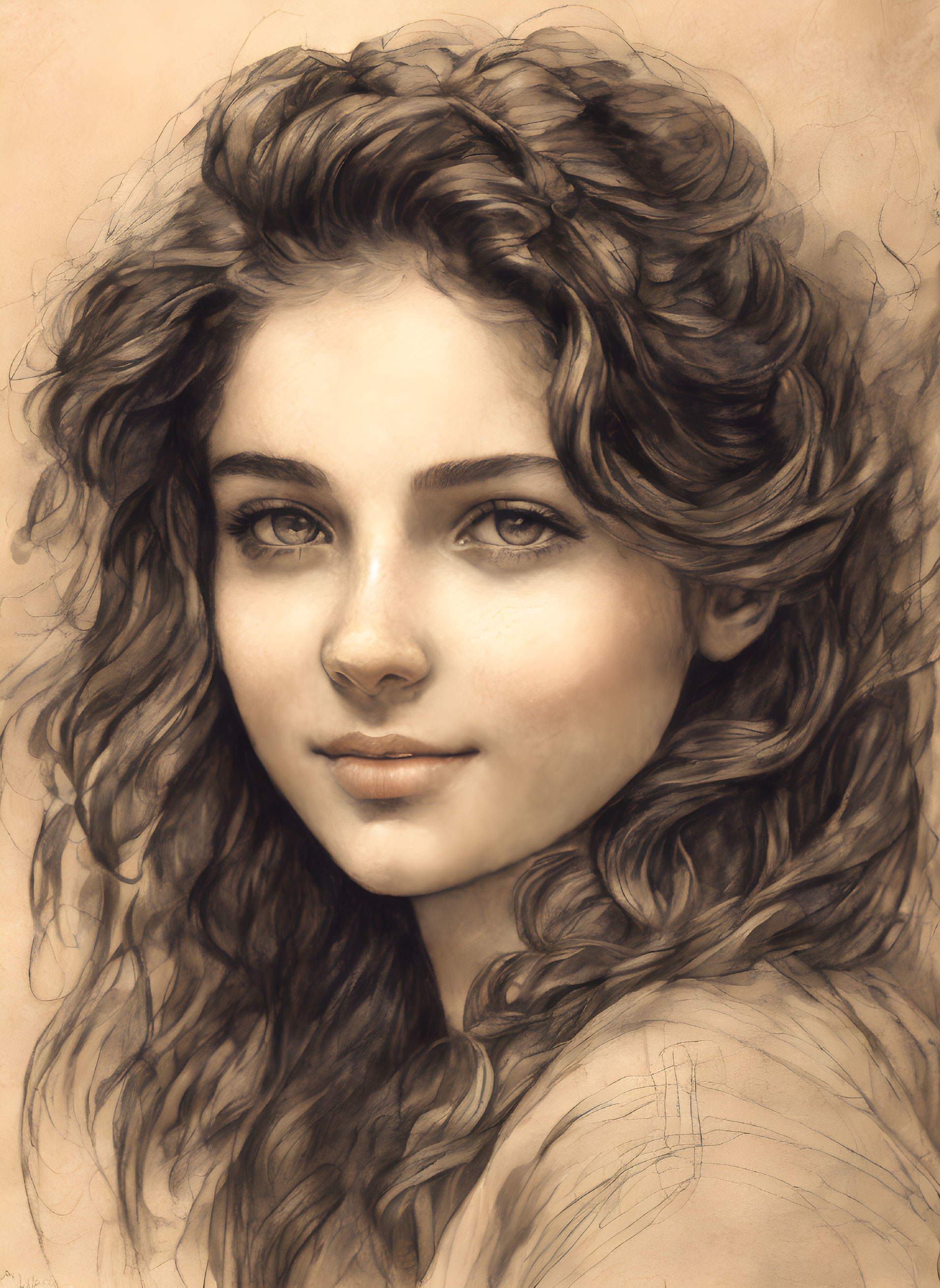 Sepia-toned portrait of a young woman with flowing curly hair