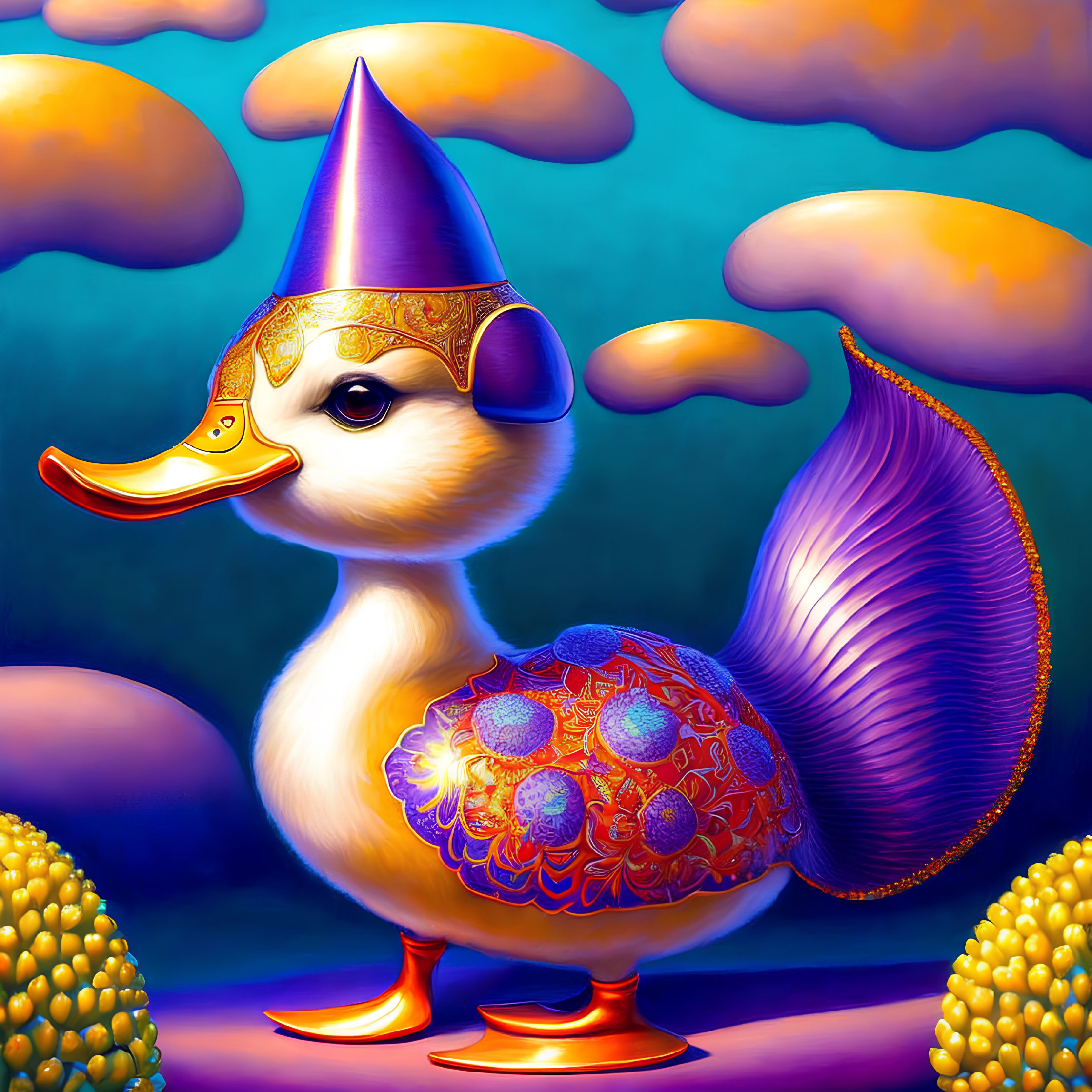 Whimsical duck with golden party hat and blue tail on golden cloud backdrop