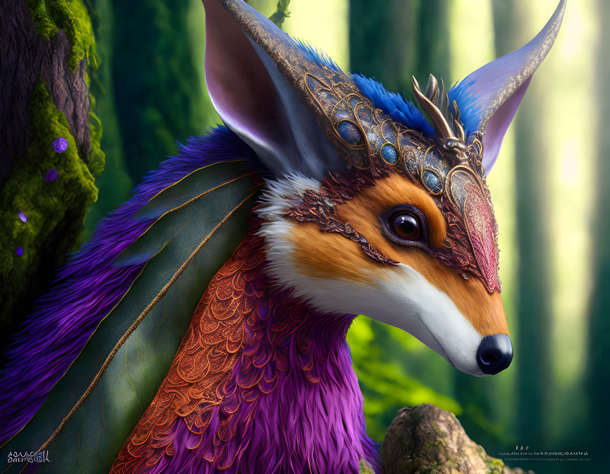 Vibrant orange and purple fox in ornate blue and gold helmet in forest.