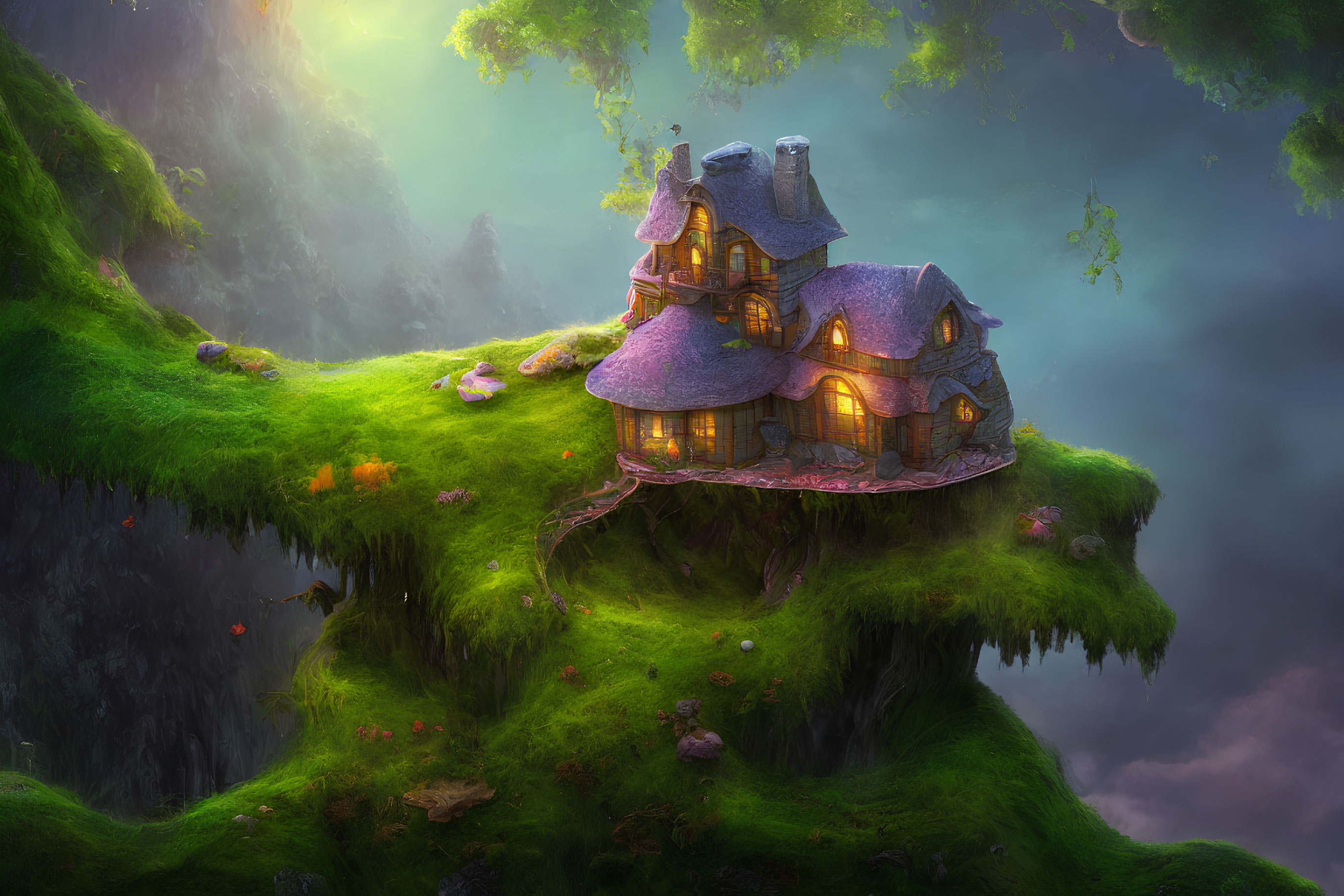 Thatched roof cottage on lush floating island with mystical fog