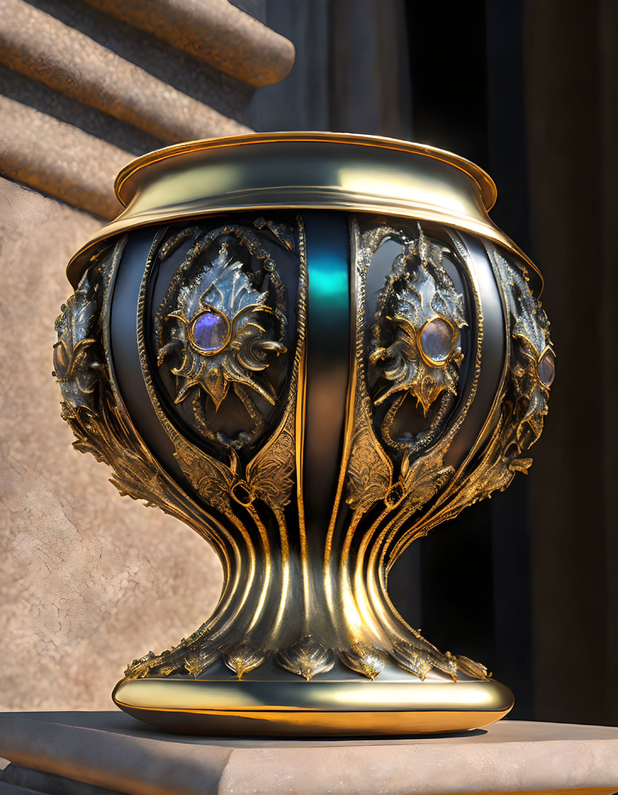 Golden vase with gemstone accents against columned backdrop