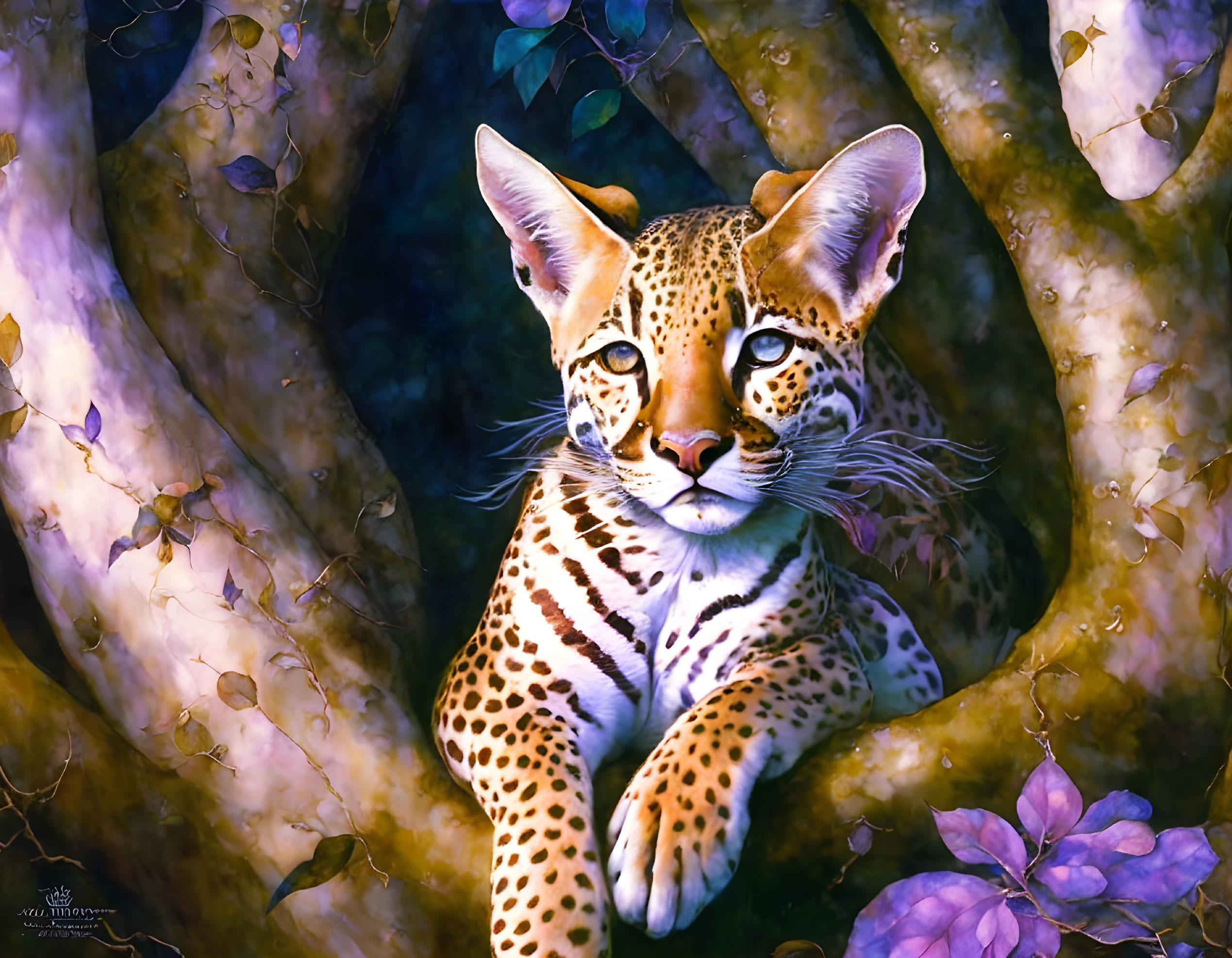 Young ocelot with blue eyes perched in purple and blue foliage