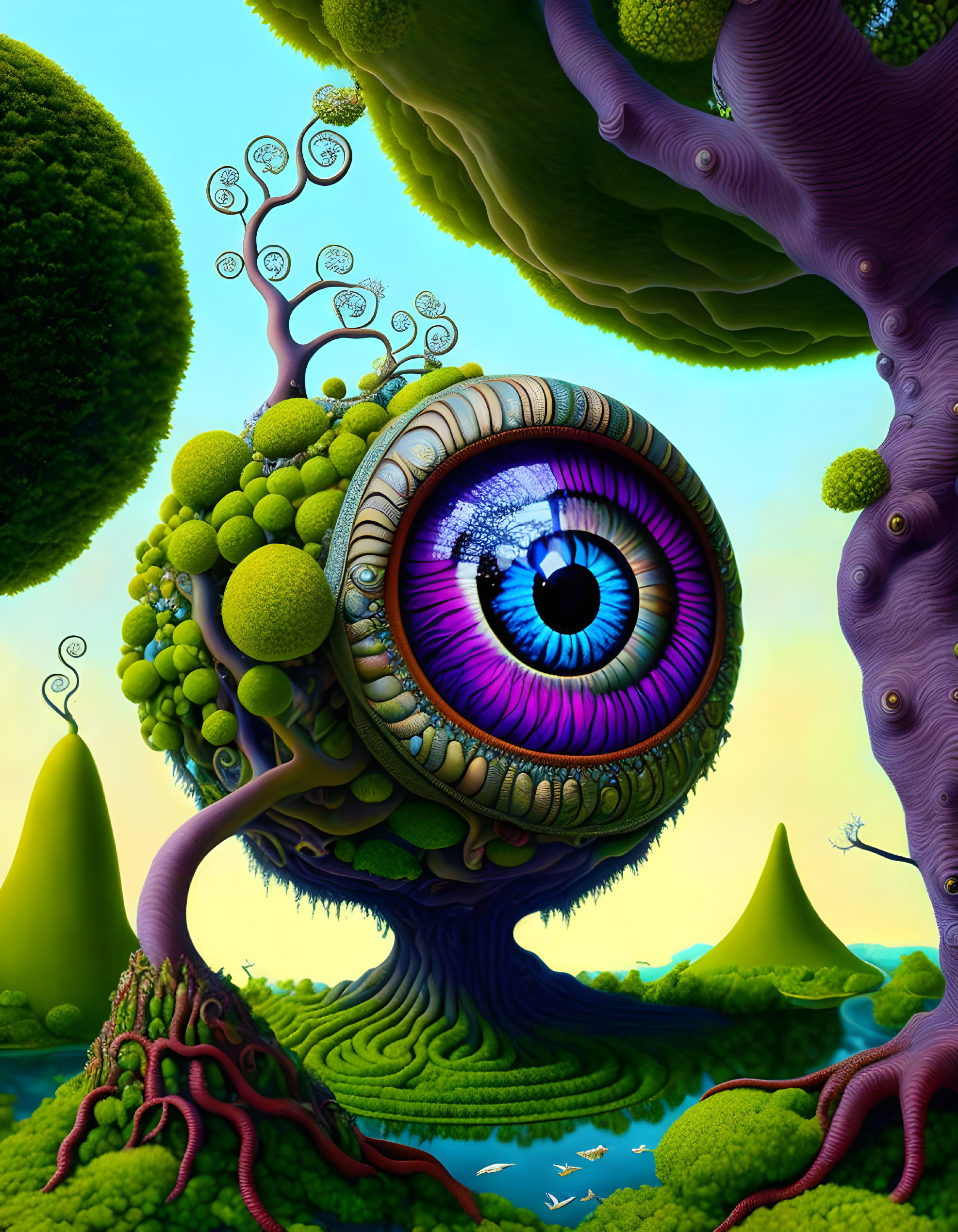 Colorful Eyeball Tree in Whimsical Alien Landscape