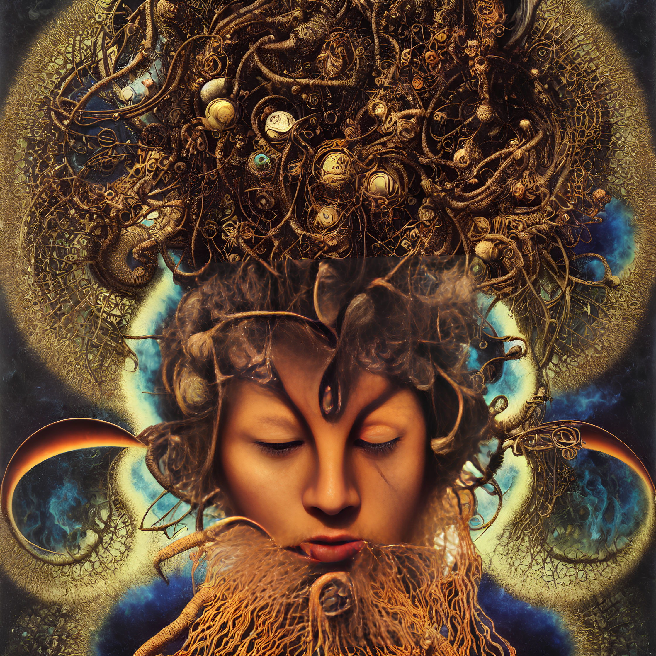 Surreal artwork featuring person with intricate gear-like hair against cosmic background