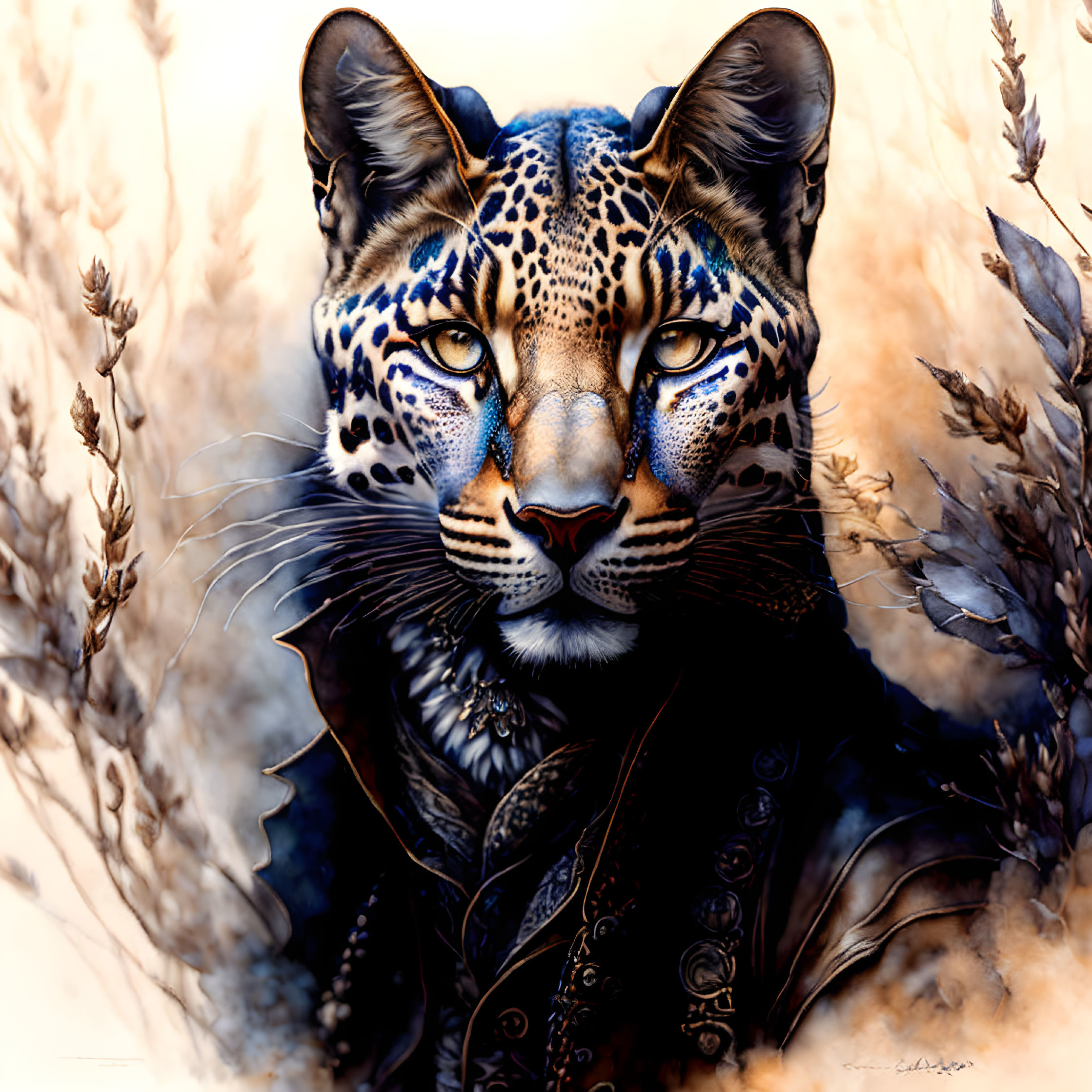 Digital art: Leopard-human fusion with ornate patterns in warm-toned foliage