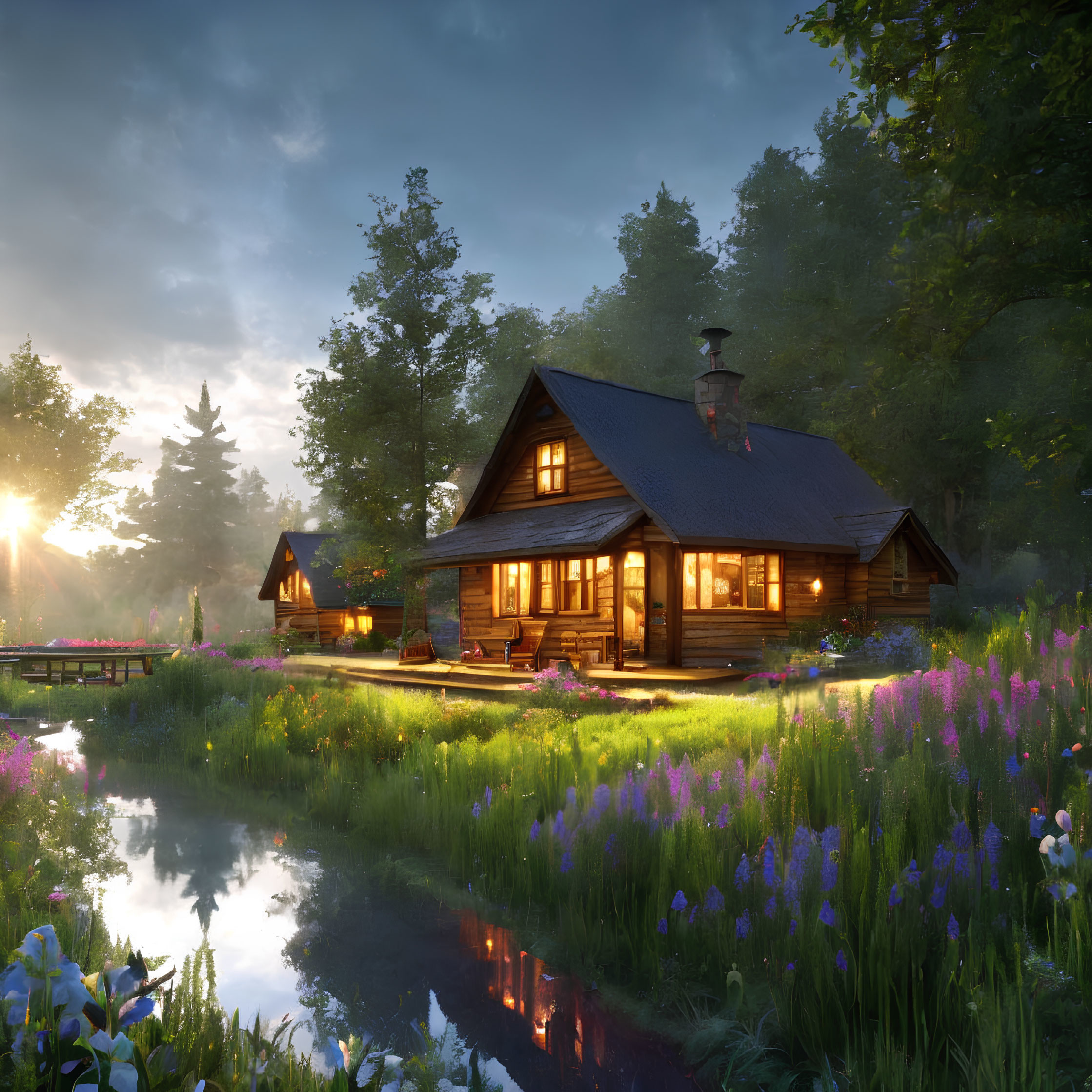 Rustic log cabin in wildflower meadow at sunset