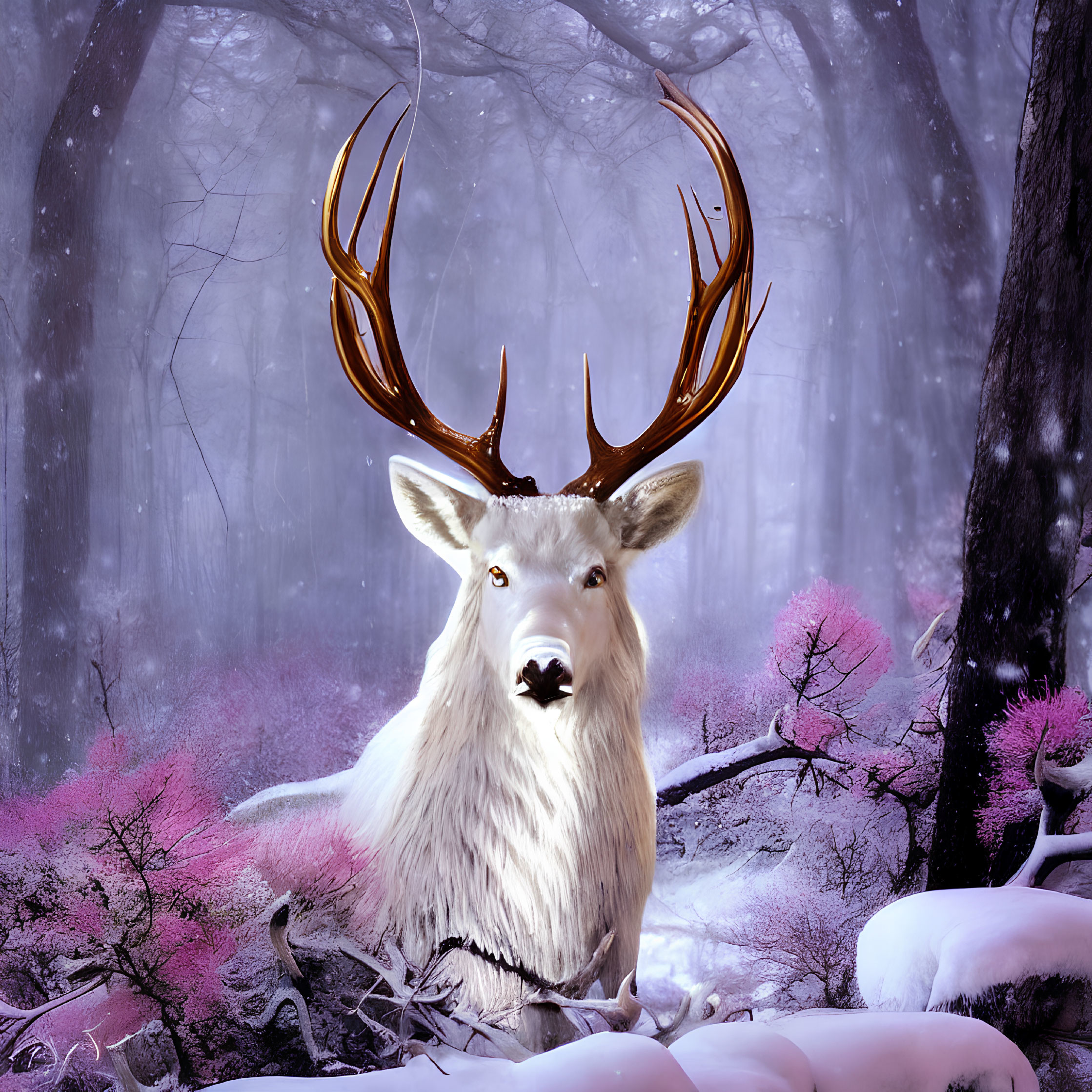 White stag with large antlers in snowy forest with pink foliage and mystical fog.