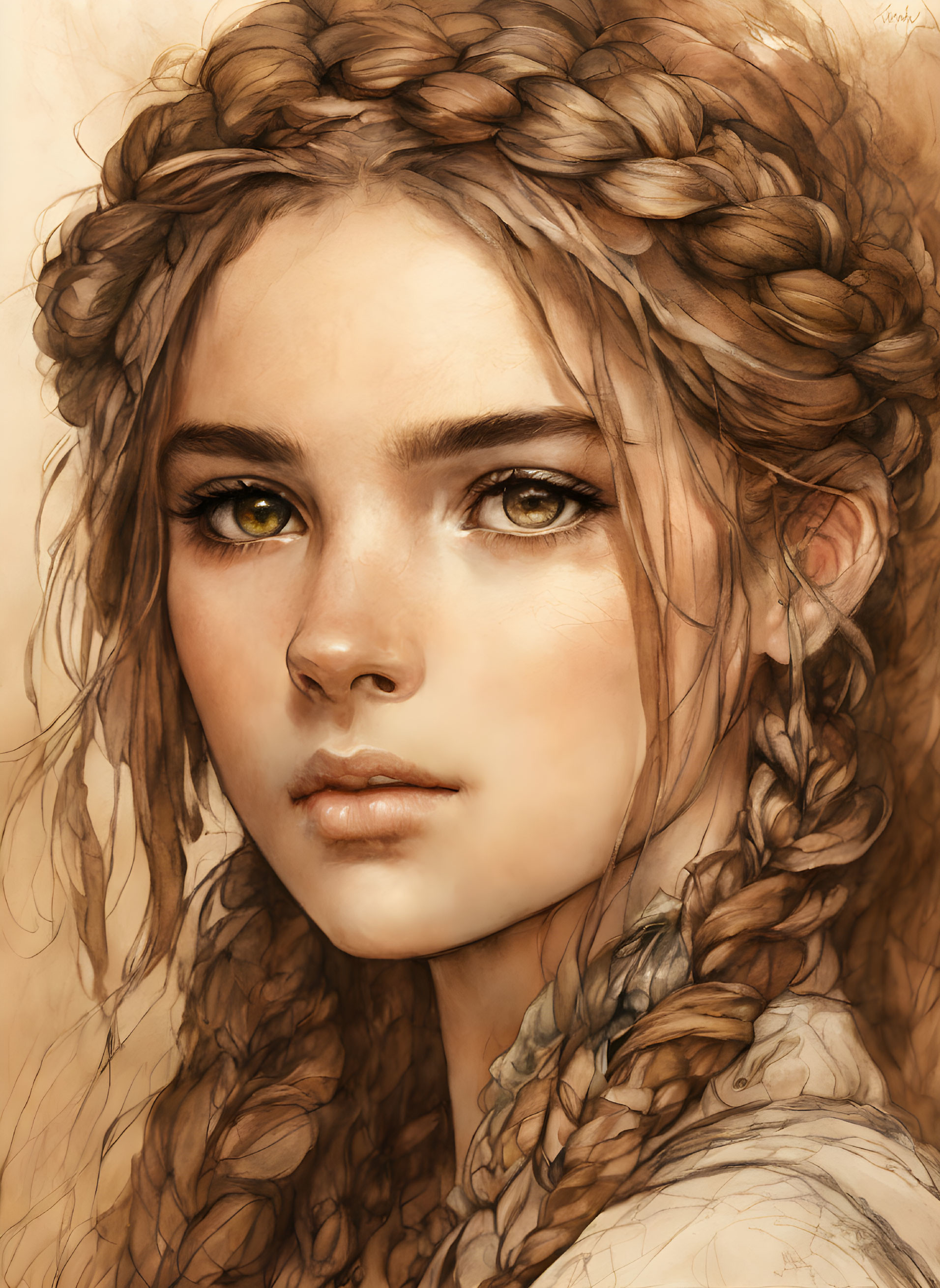 Detailed Braided Hair and Striking Green Eyes in Realistic Art Style