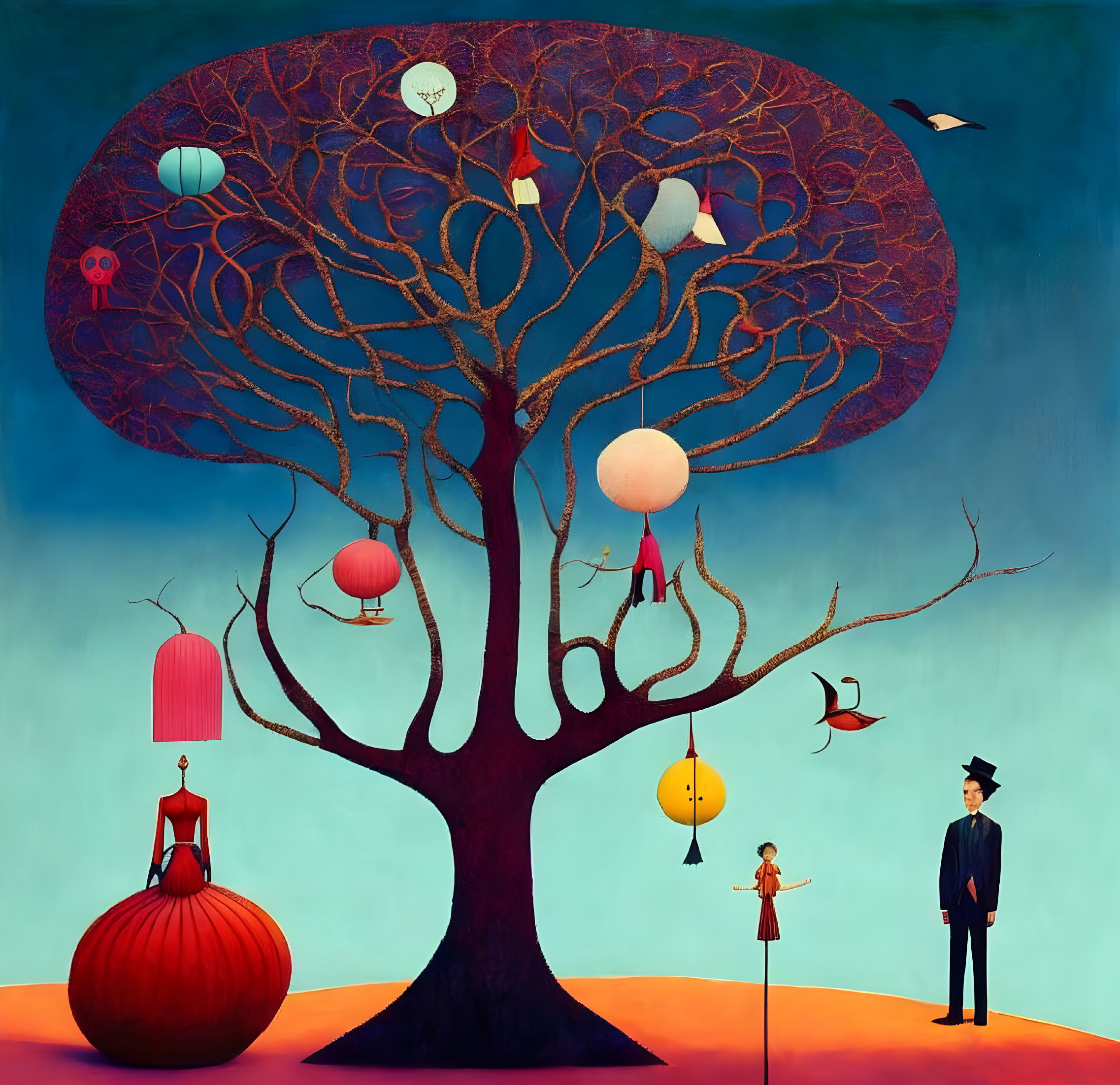 Colorful surreal painting: large tree, intricate branches, lanterns, whimsical figures, teal sky