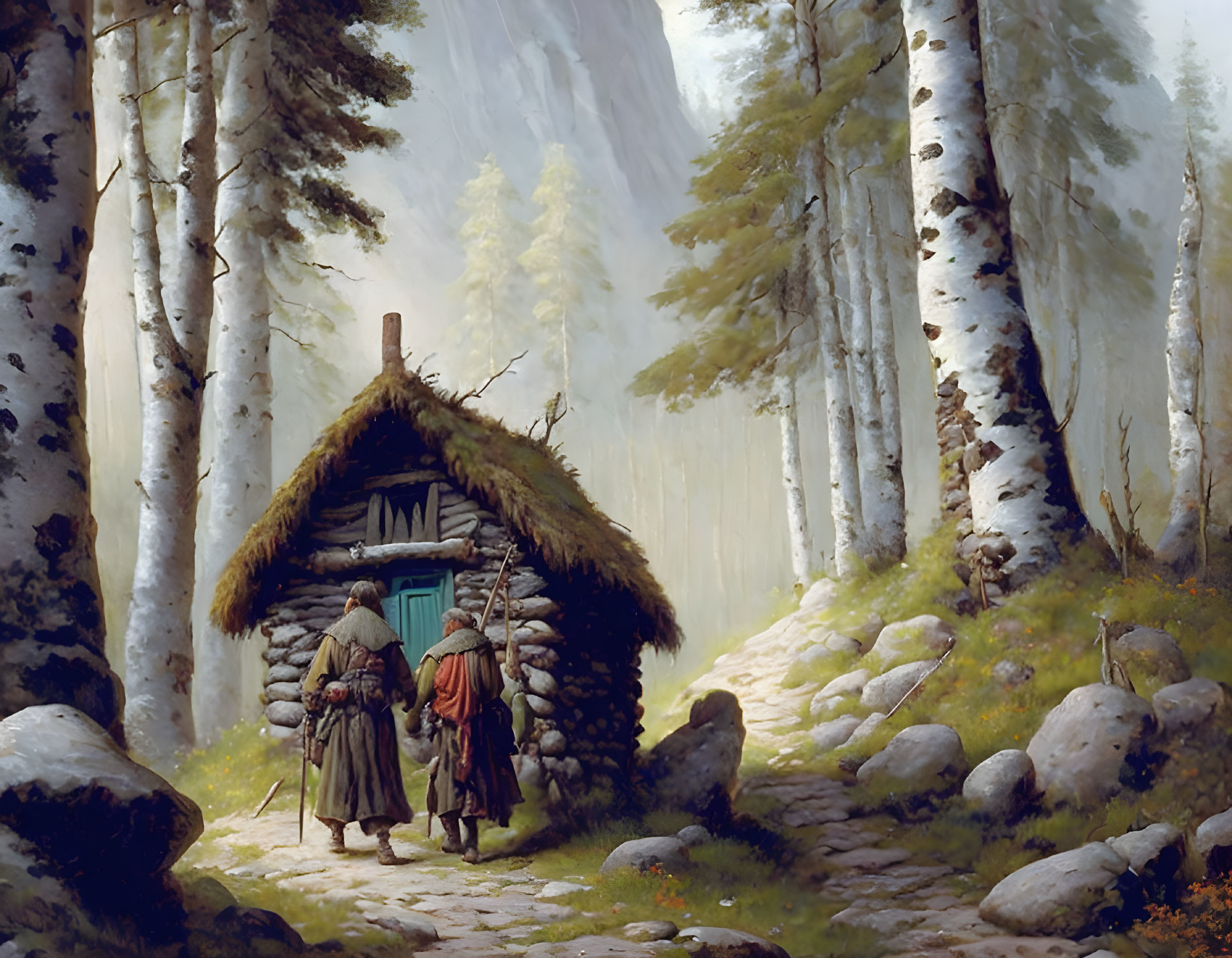 Medieval travelers near small stone cottage in forest clearing