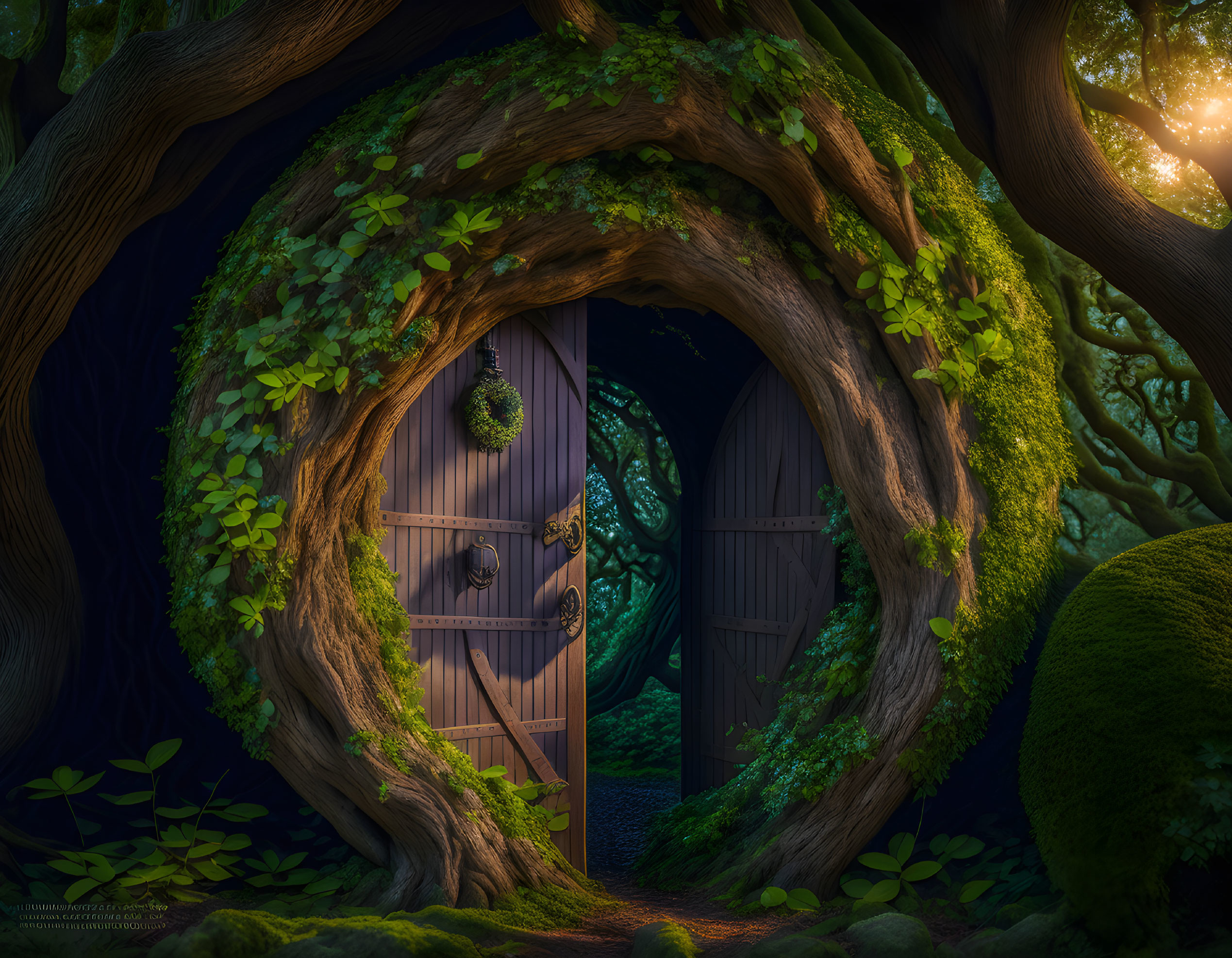 Enchanting wooded scene with round wooden door in ancient tree