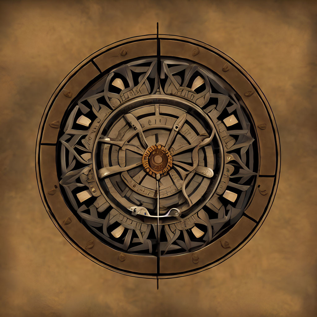 Steampunk-style compass rose with gears and cogs on aged paper.