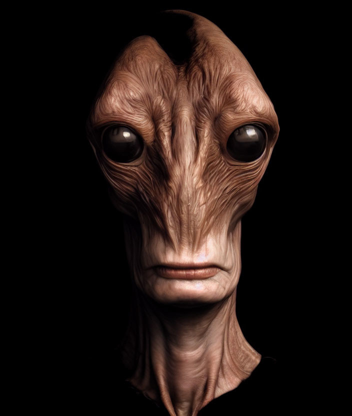 Alien digital artwork with large, sad eyes and textured skin