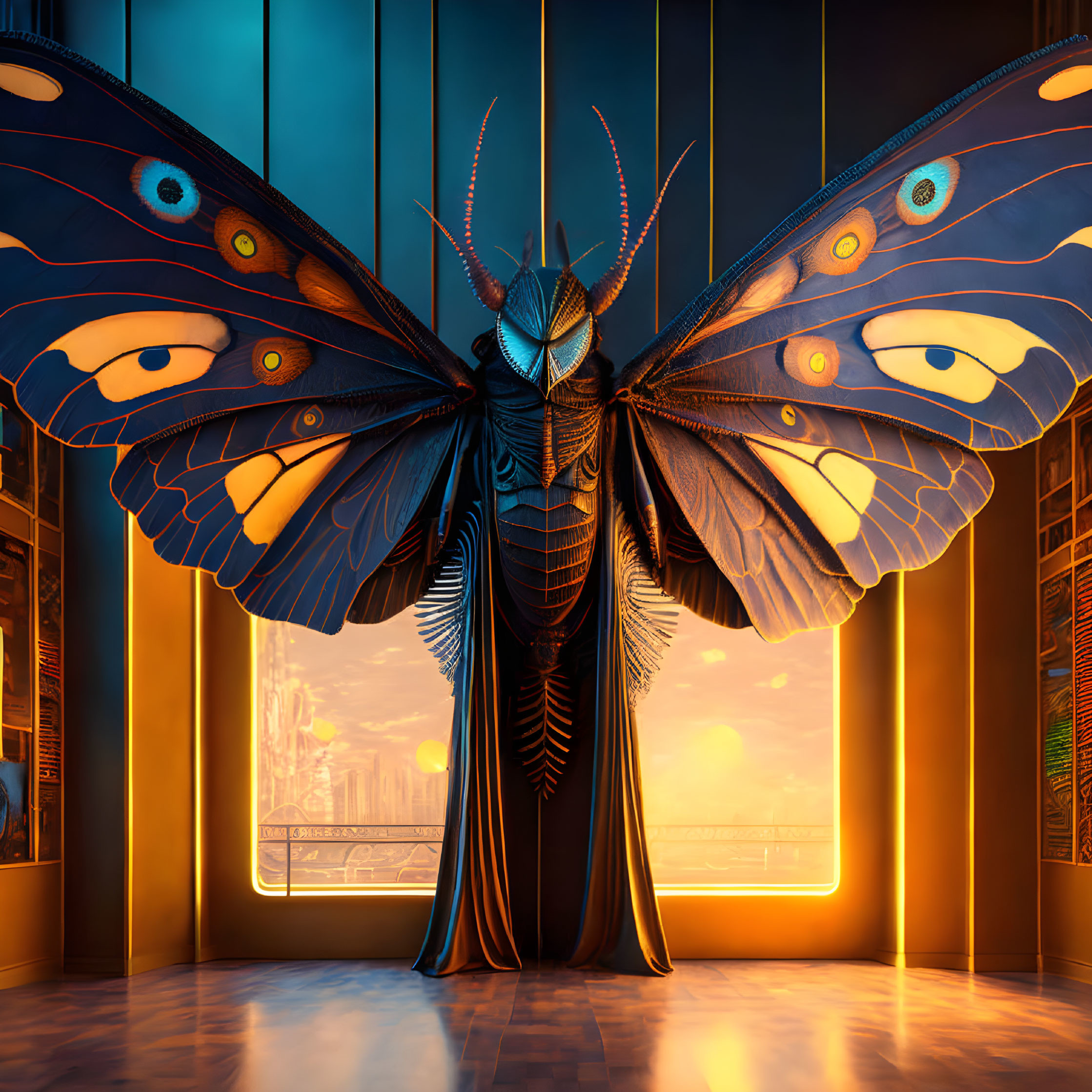 Large-scale mechanical butterfly in futuristic room with cityscape view.