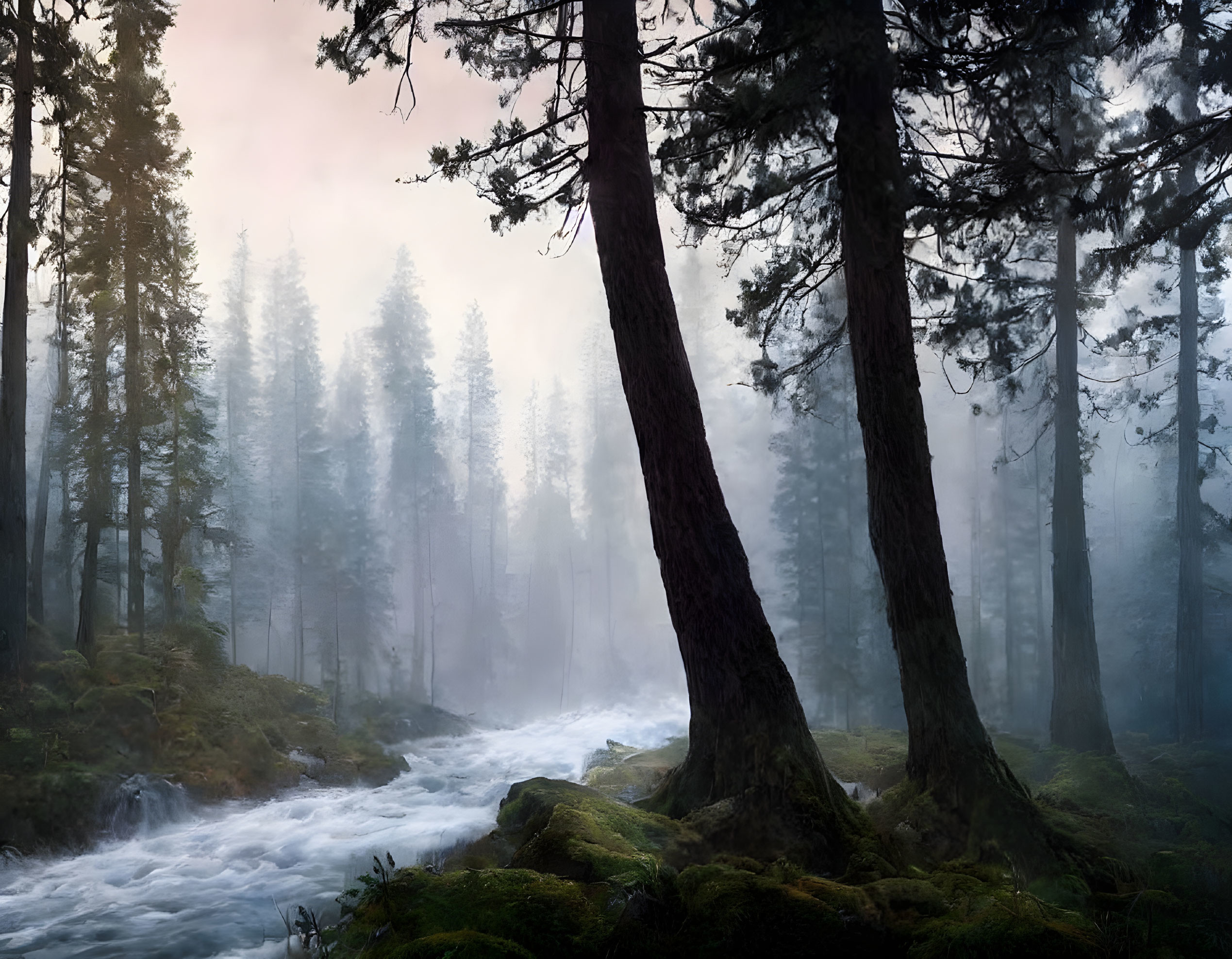 Serene forest scene with mist, river, and tall trees