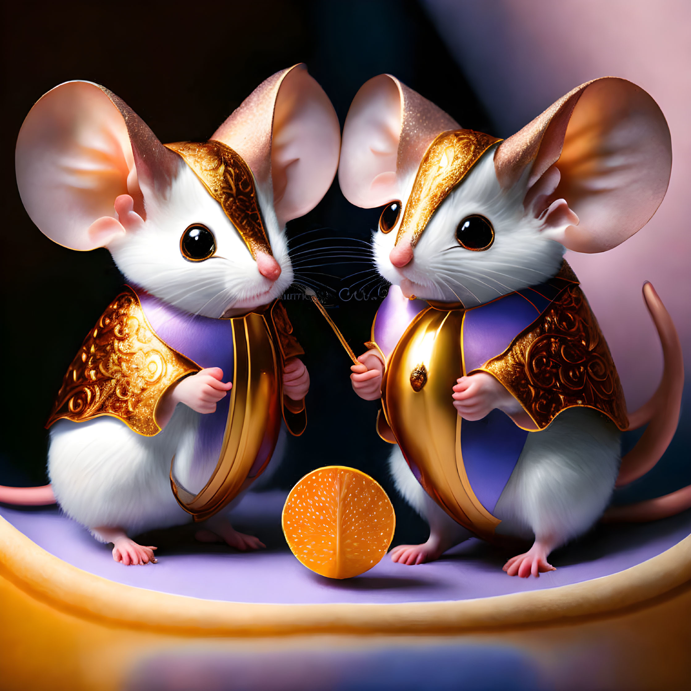 Regal attire anthropomorphic mice sharing orange slice on colorful background