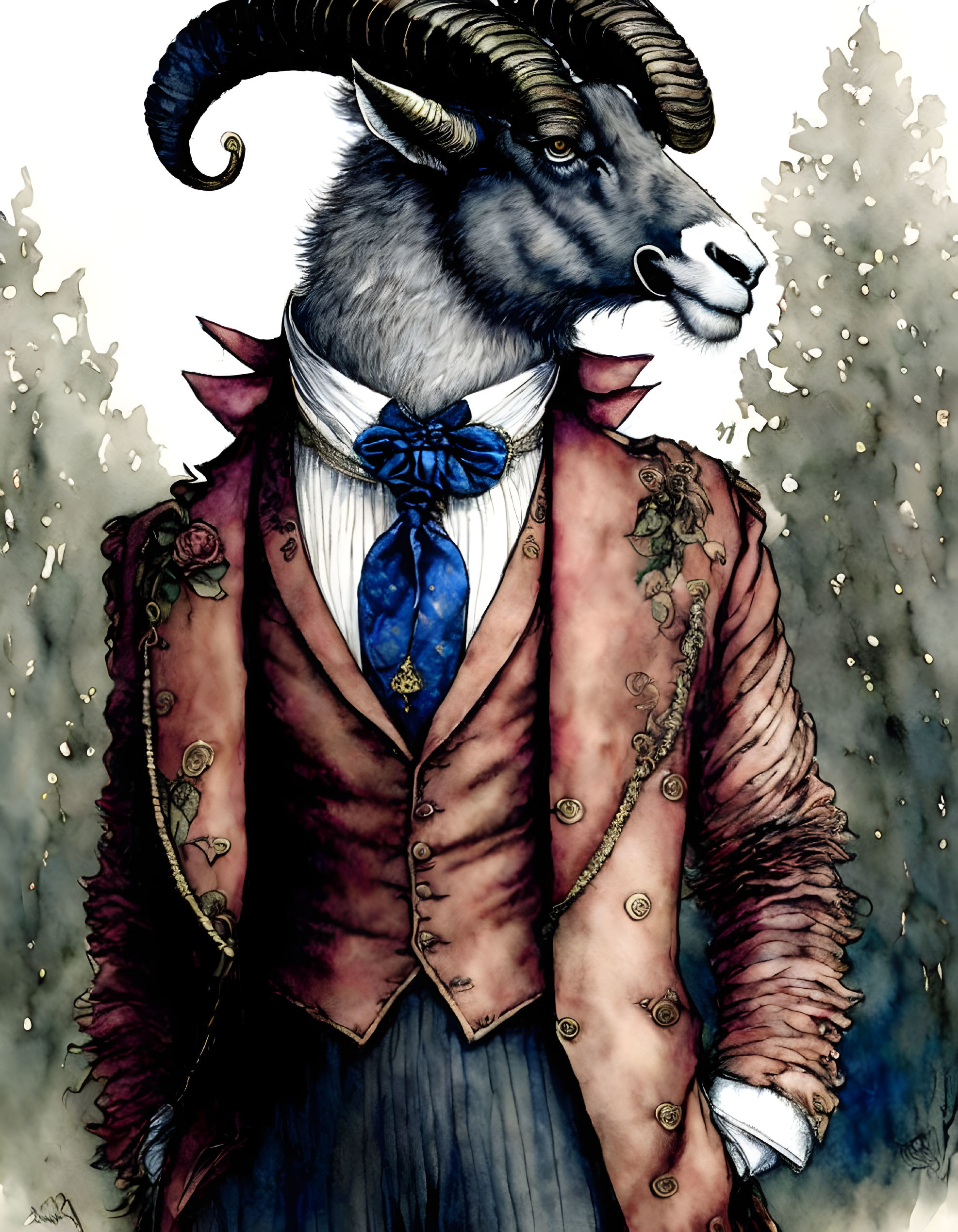 Anthropomorphic goat in Victorian attire with coat, vest, and blue cravat