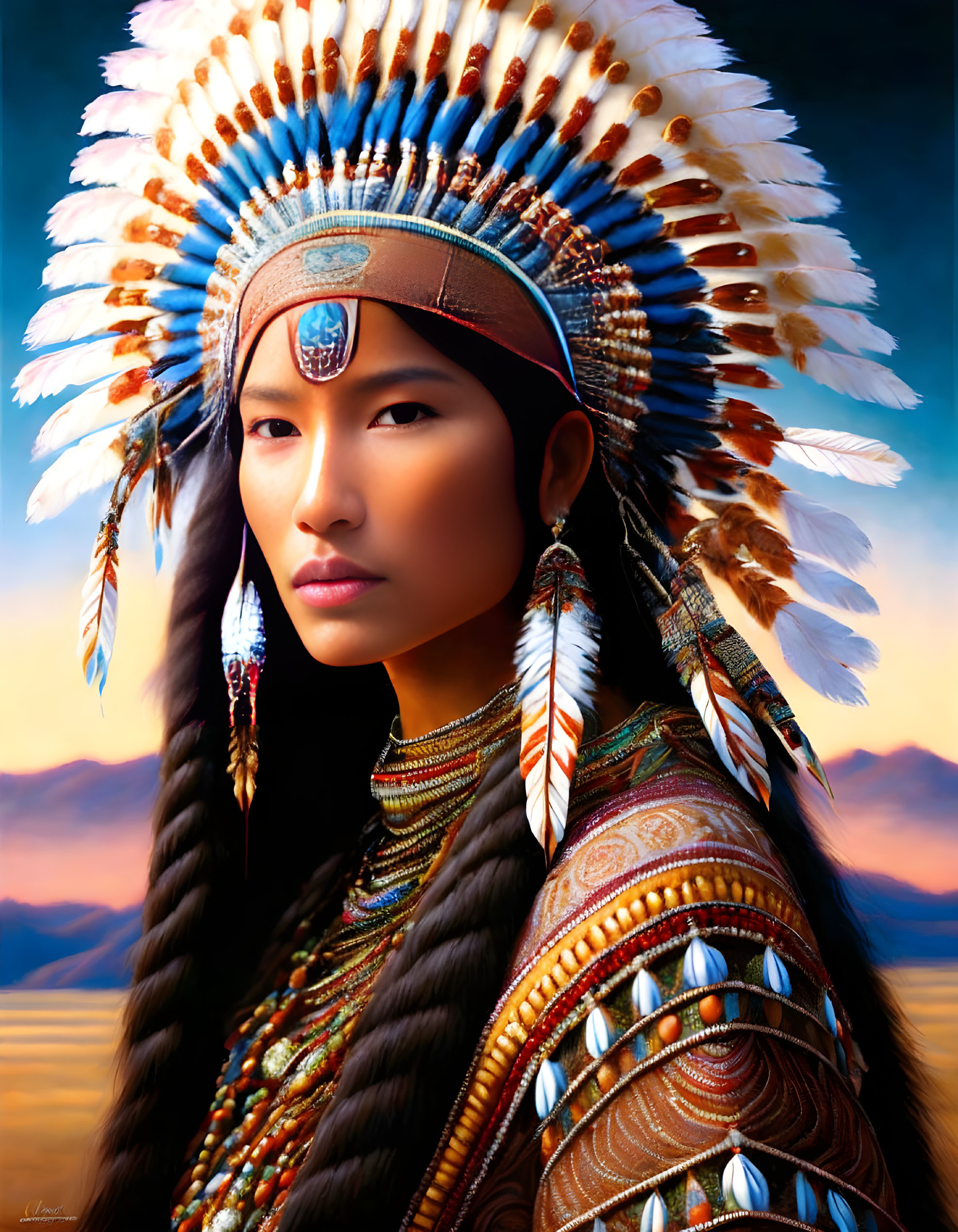 Native American headdress with intricate beadwork and feathers at sunset