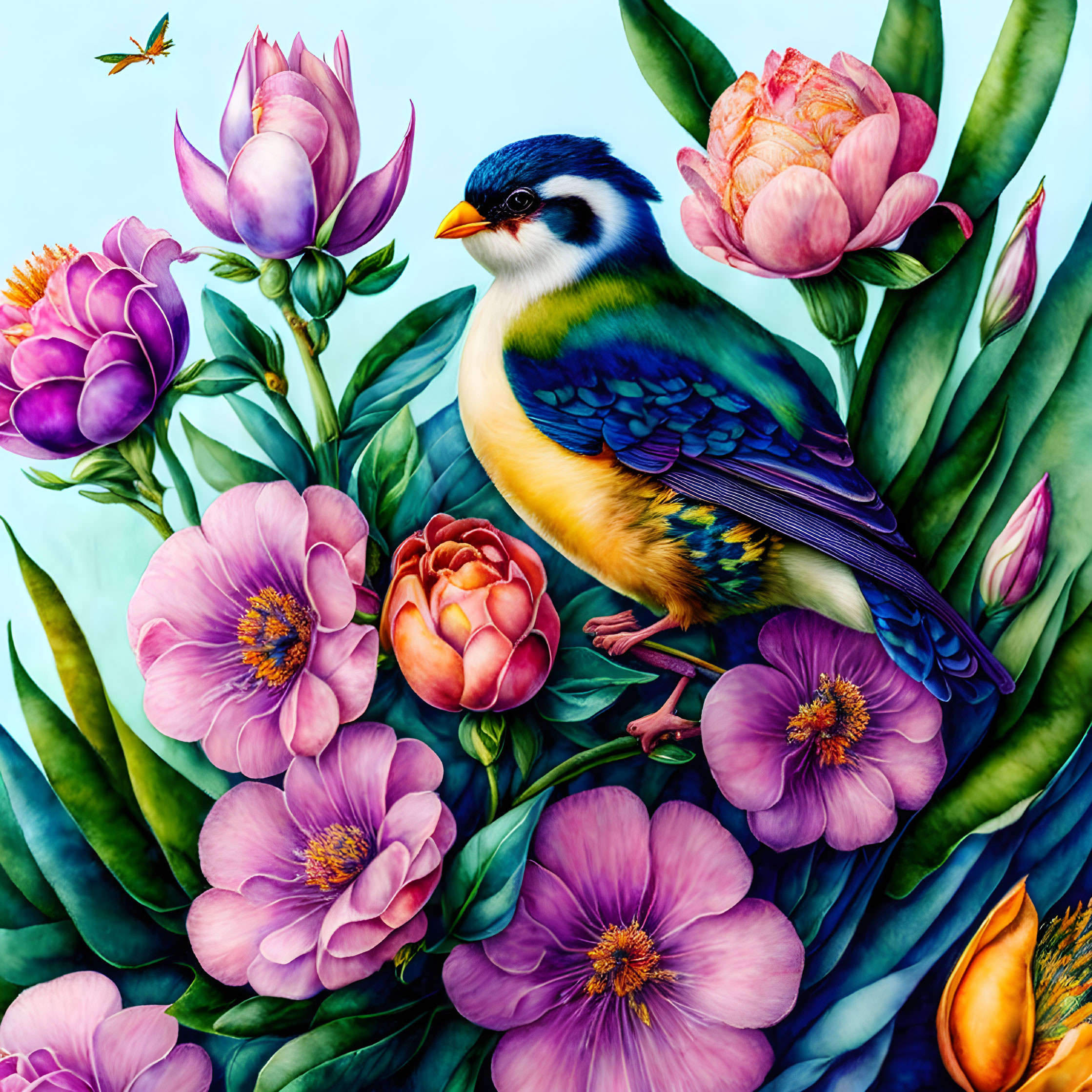 Colorful bird with yellow chest, blue wings, and black eye mask on green foliage with pink and