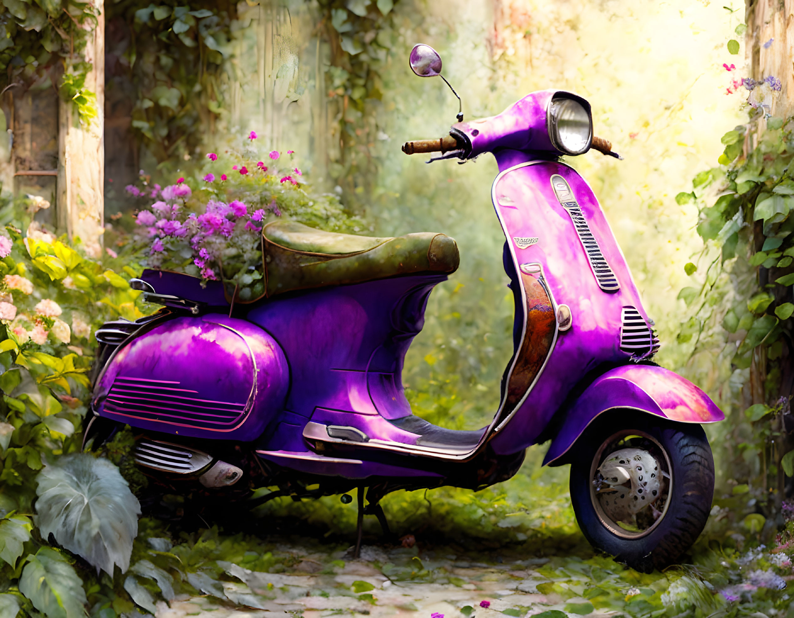 Purple Scooter in Lush Alley with Blooming Flowers