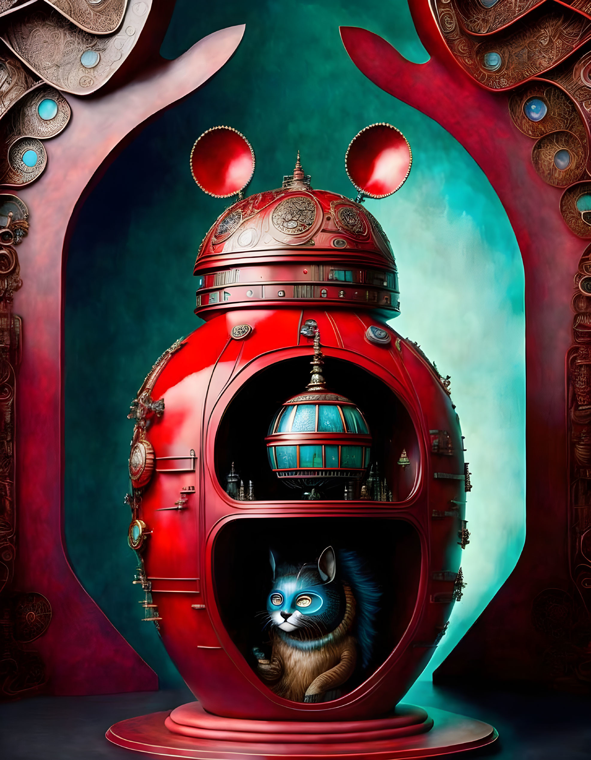 Blue cat in red Victorian pod with mechanical gears - surreal art piece