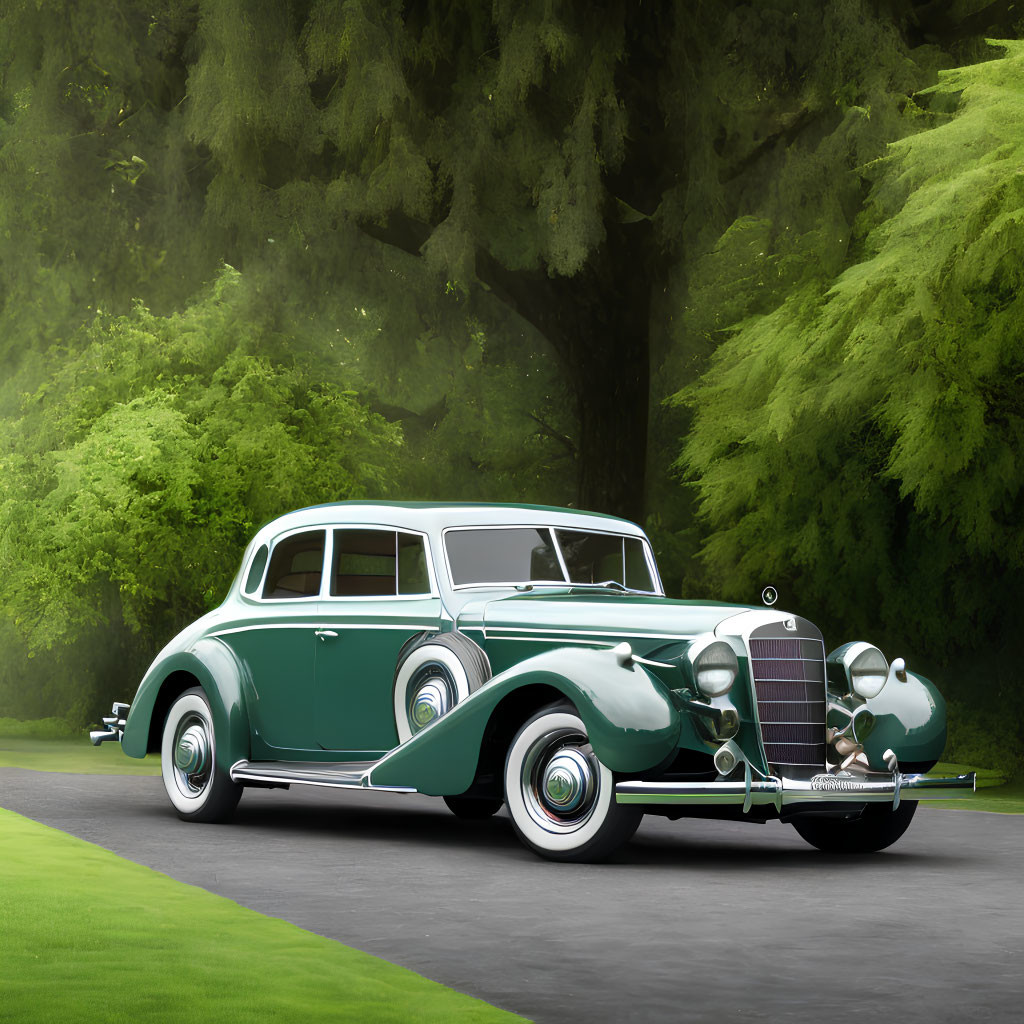 Vintage Green Car with Chrome Details Parked on Road Amid Lush Trees