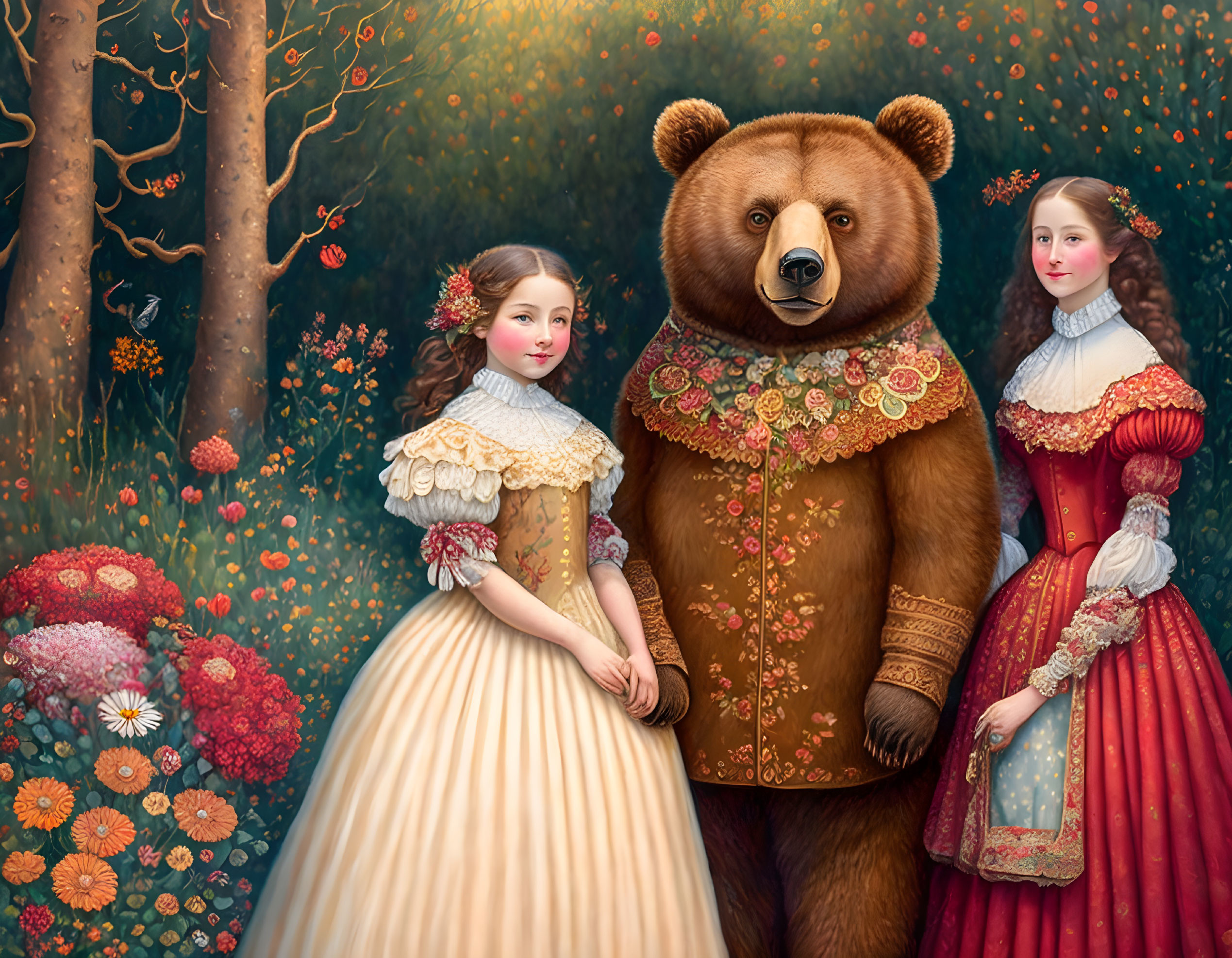 Whimsical painting of elegant women with anthropomorphic bear in vintage attire