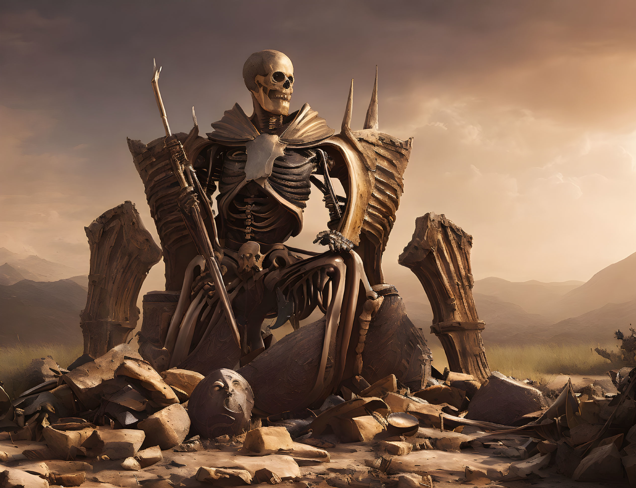 Skeletal figure on bone throne in barren landscape with skulls