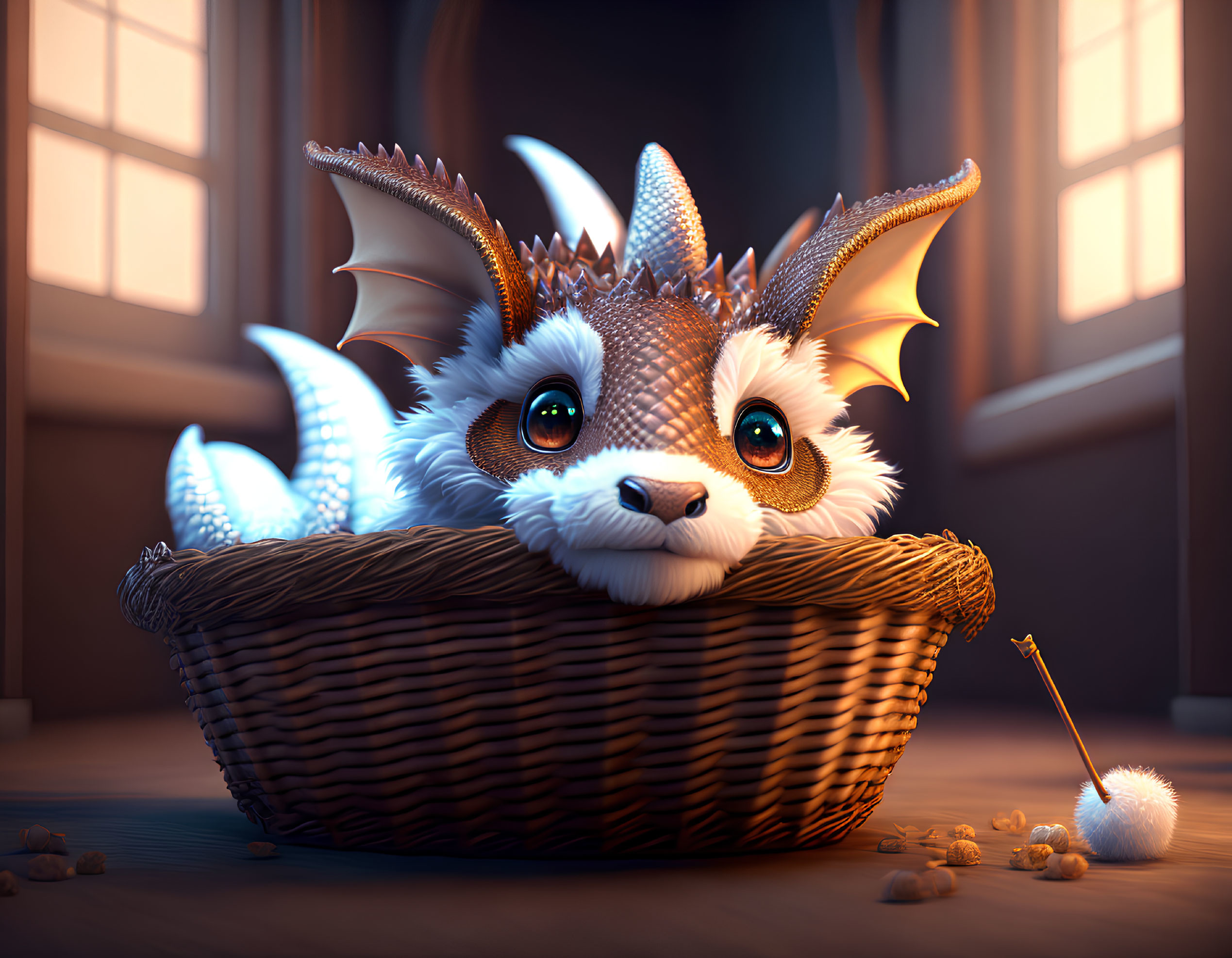 Whimsical dragon-like creature in cozy basket with soft lighting