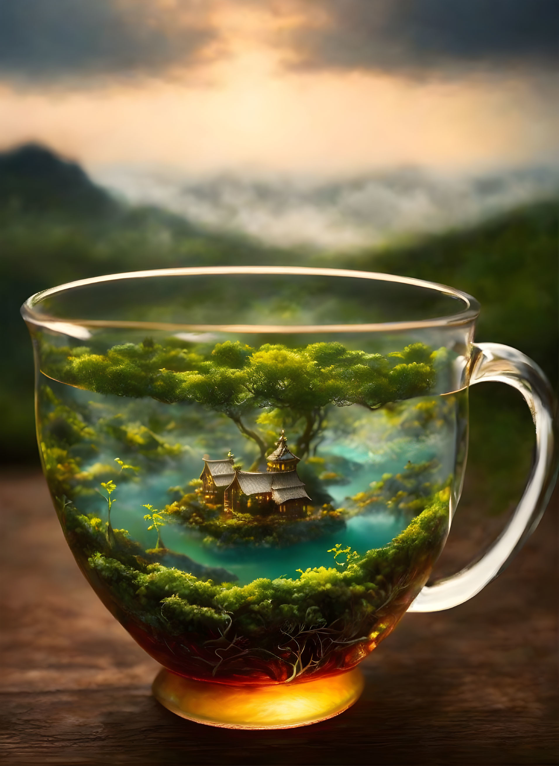 Translucent tea cup with verdant landscape and house in dusky sky