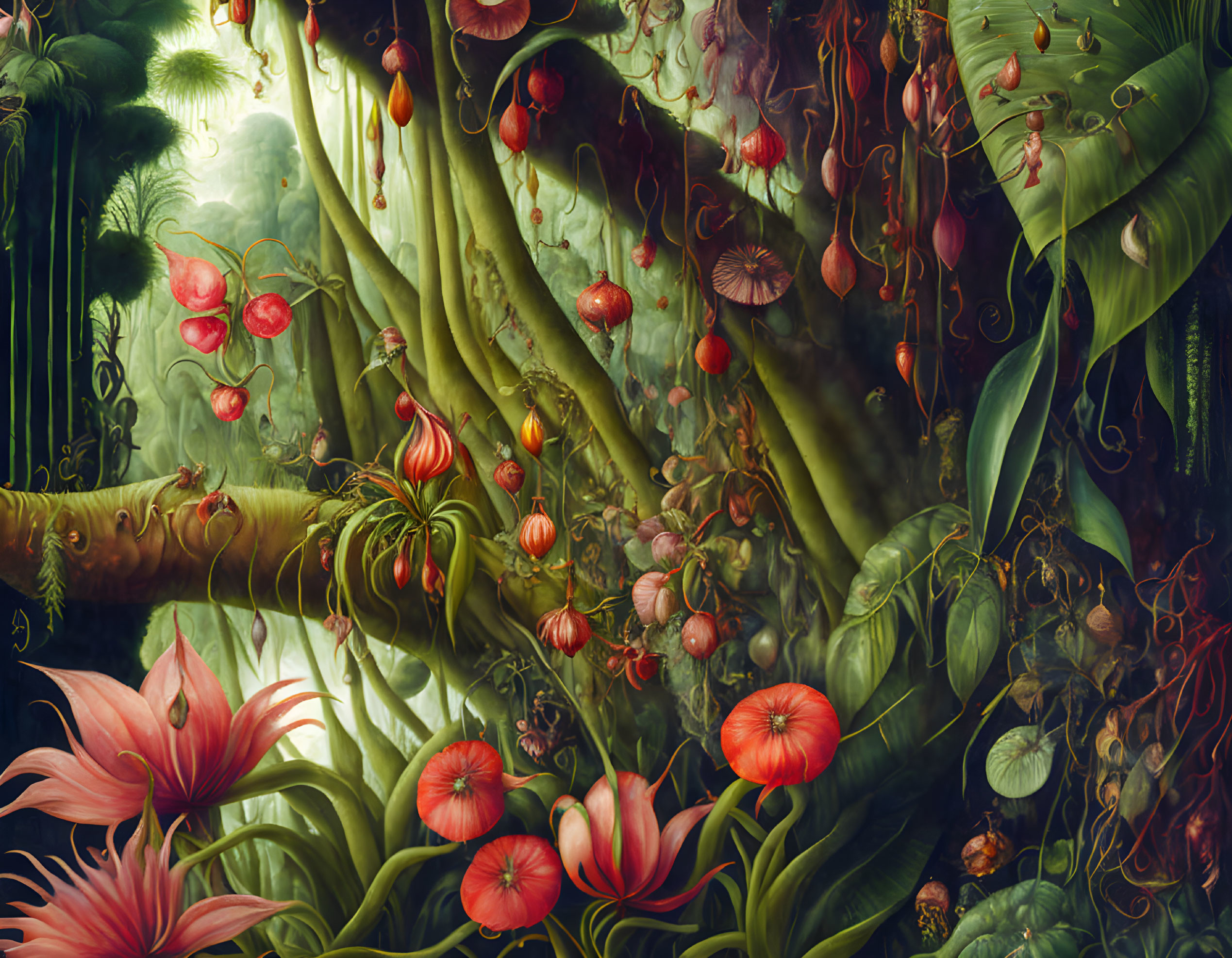 Vibrant jungle scene with lush greenery and exotic red flowers