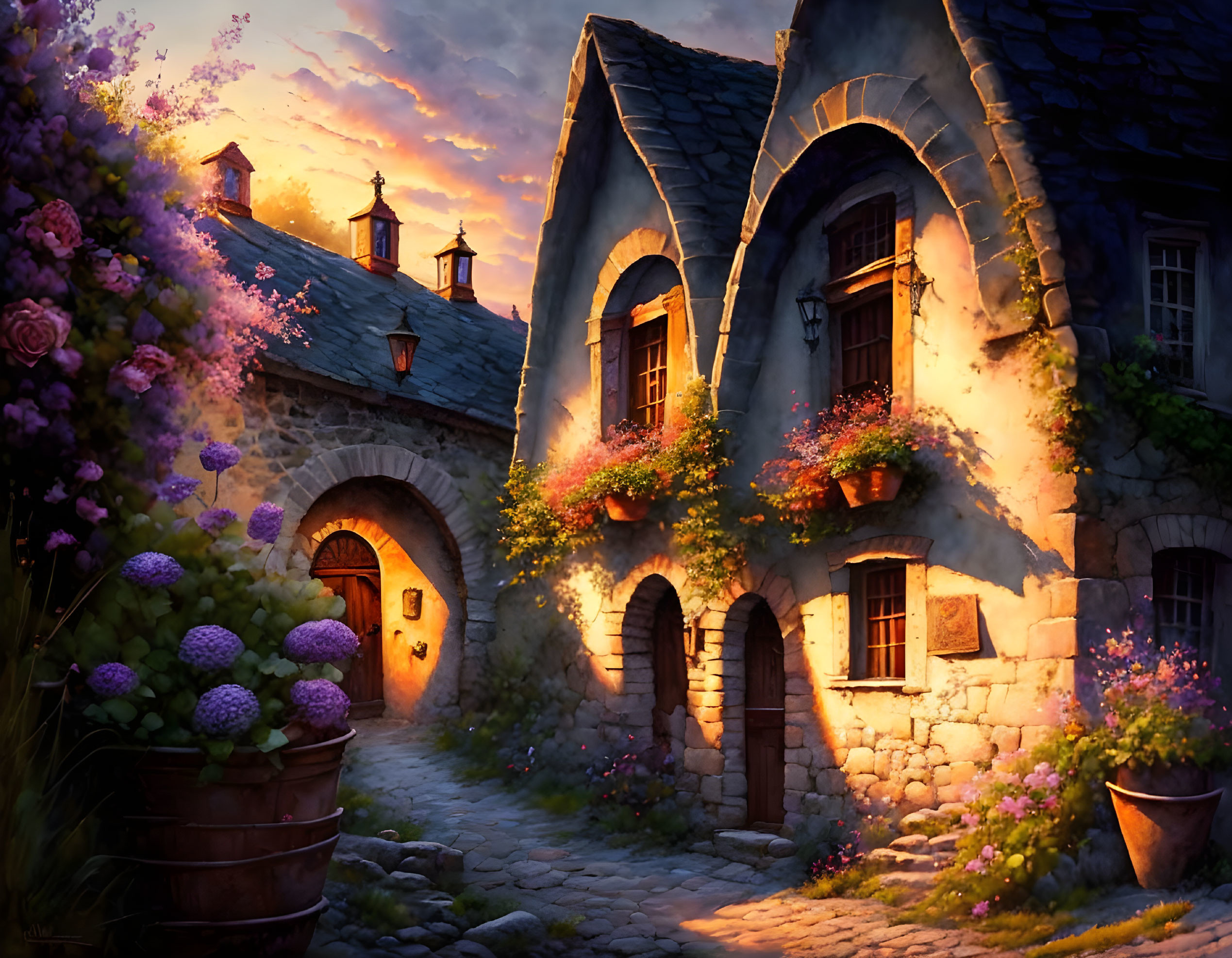 Charming stone cottage with glowing windows and floral adornments