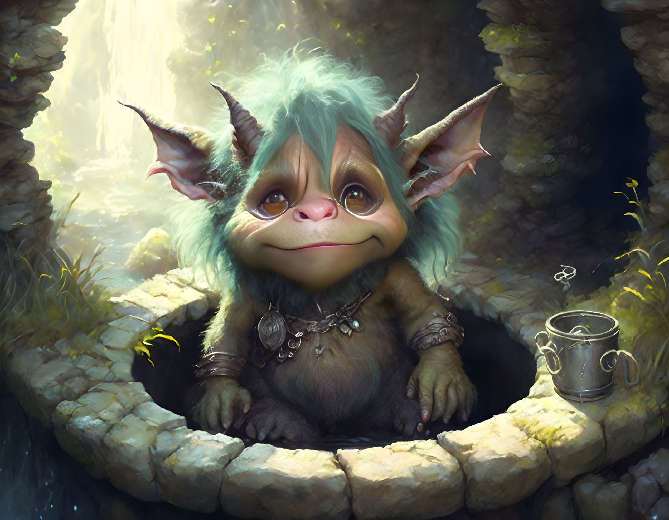 Green-haired creature with big ears peeks from forest well