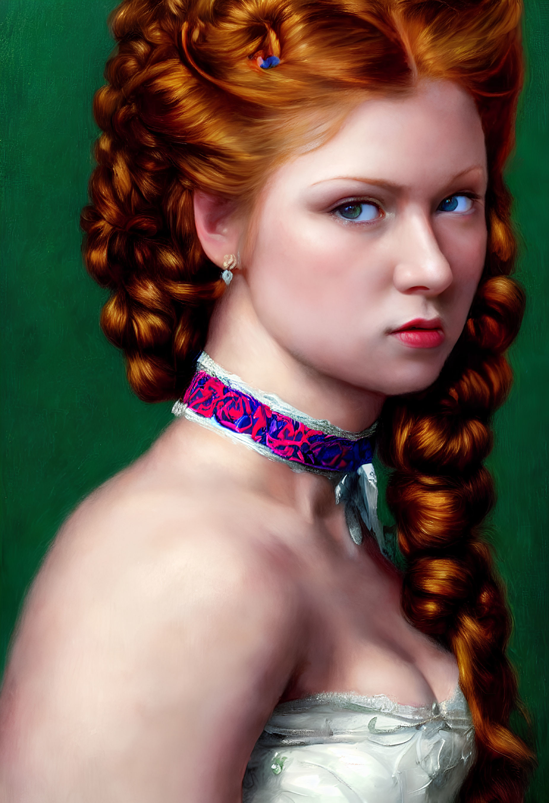 Portrait of woman with red braided hair, blue eyes, choker, pale dress on green background