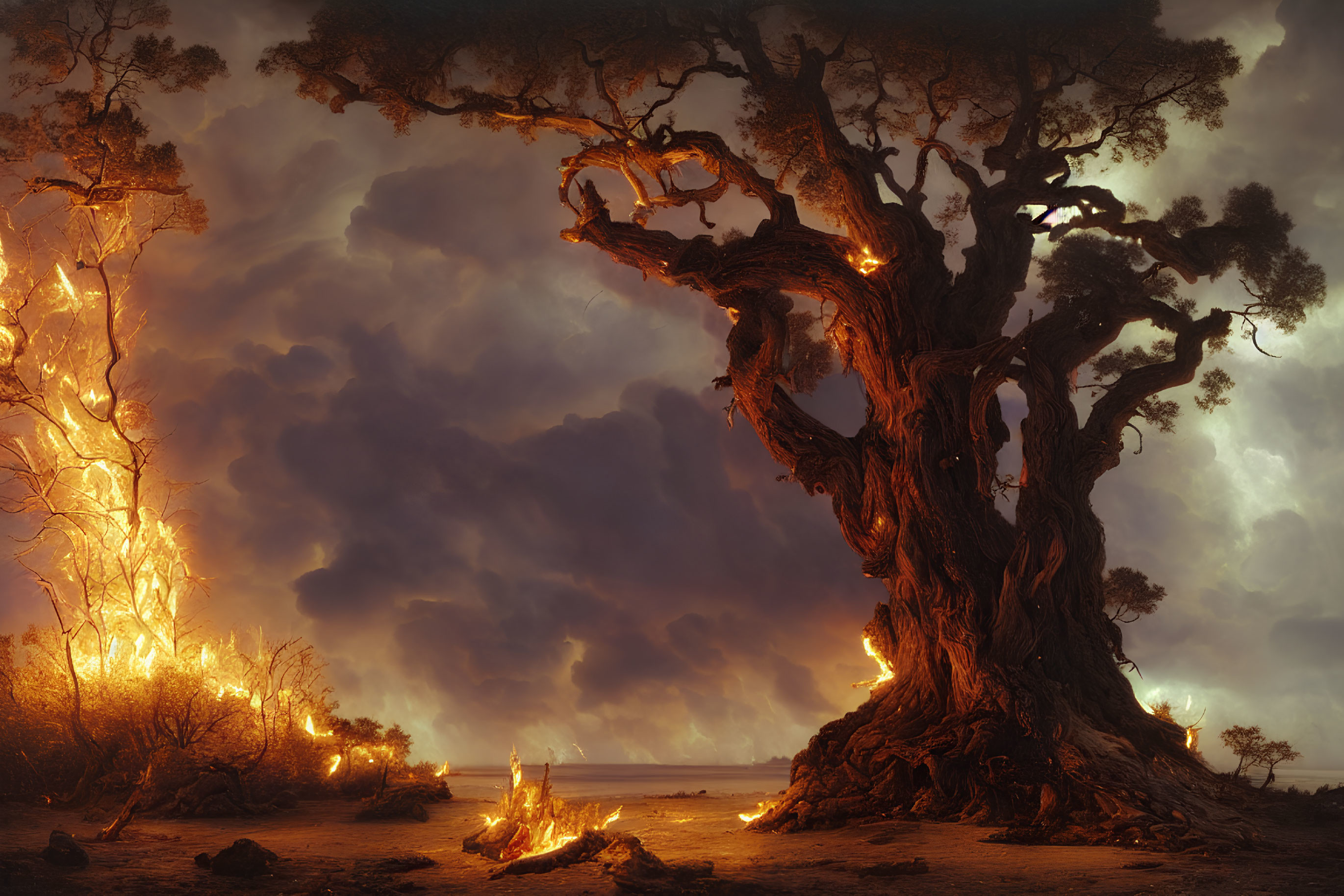 Gnarled tree with fiery limbs in dark, mystical landscape