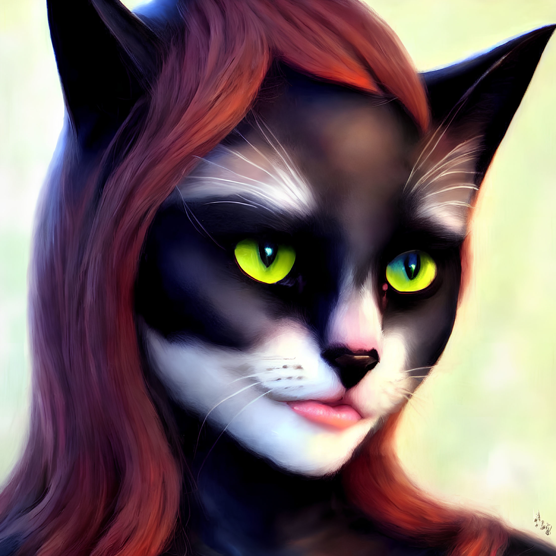 Digital Art: Cat with Human-Like Face, Green Eyes, Pink Nose