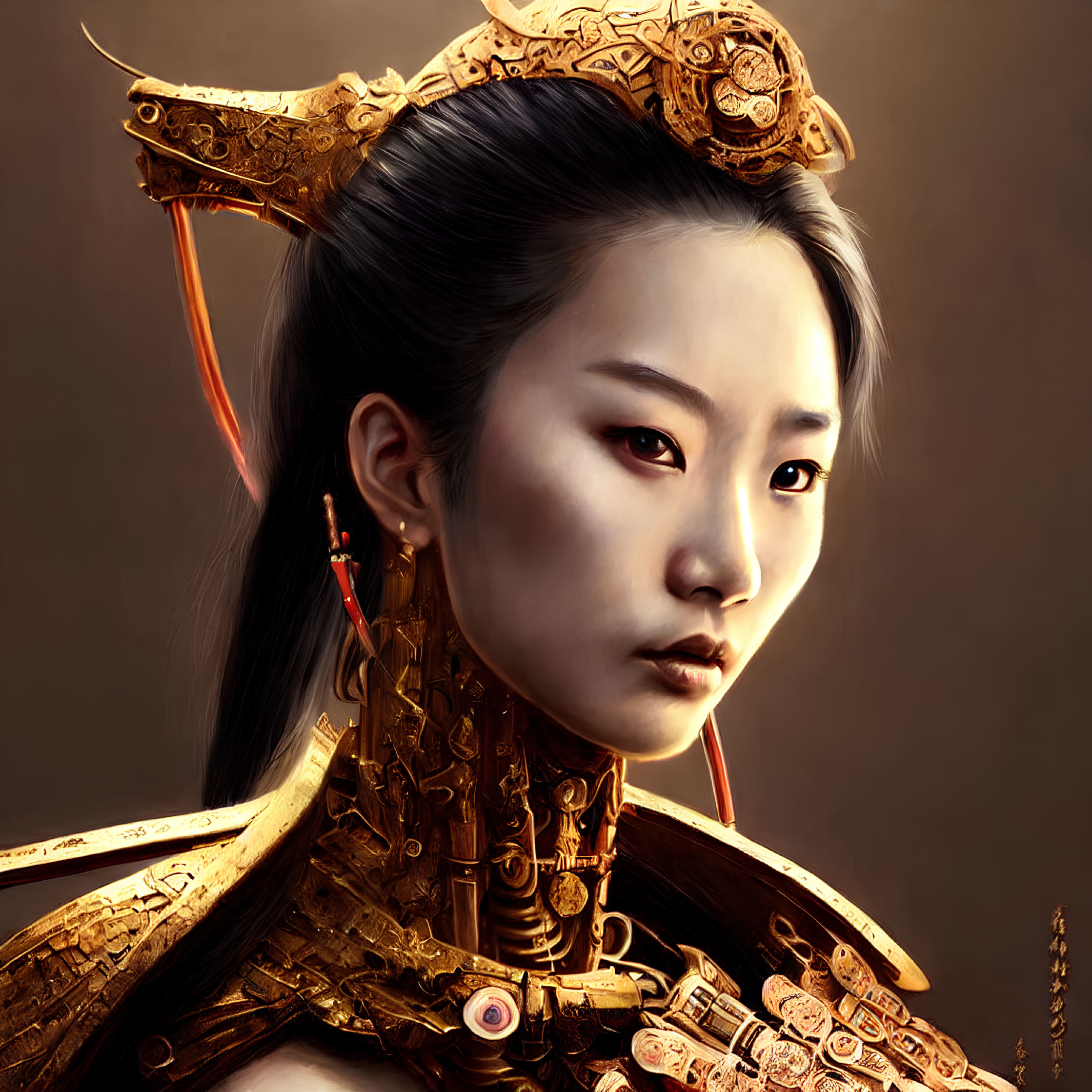 Digital Artwork: Woman in Golden Mechanical Armor with East Asian Fusion