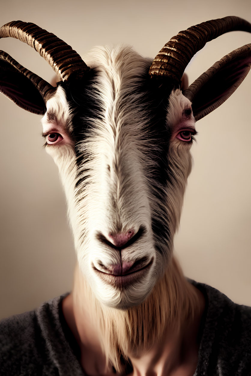 Goat with Prominent Horns and Calm Expression on Neutral Background