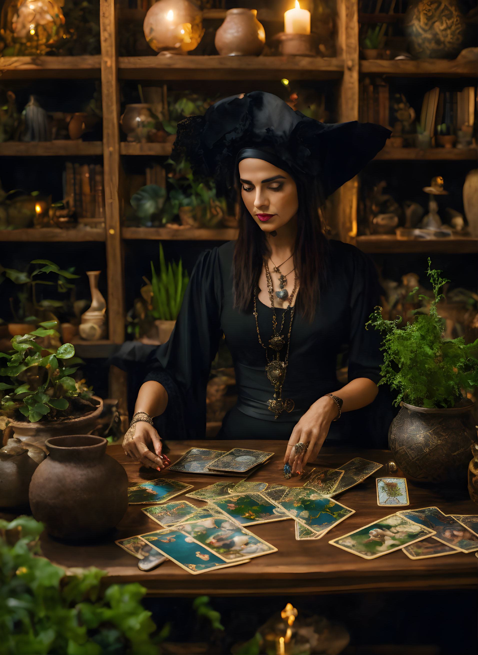 Woman in Black Hat and Dress Performing Tarot Reading in Candlelit Room