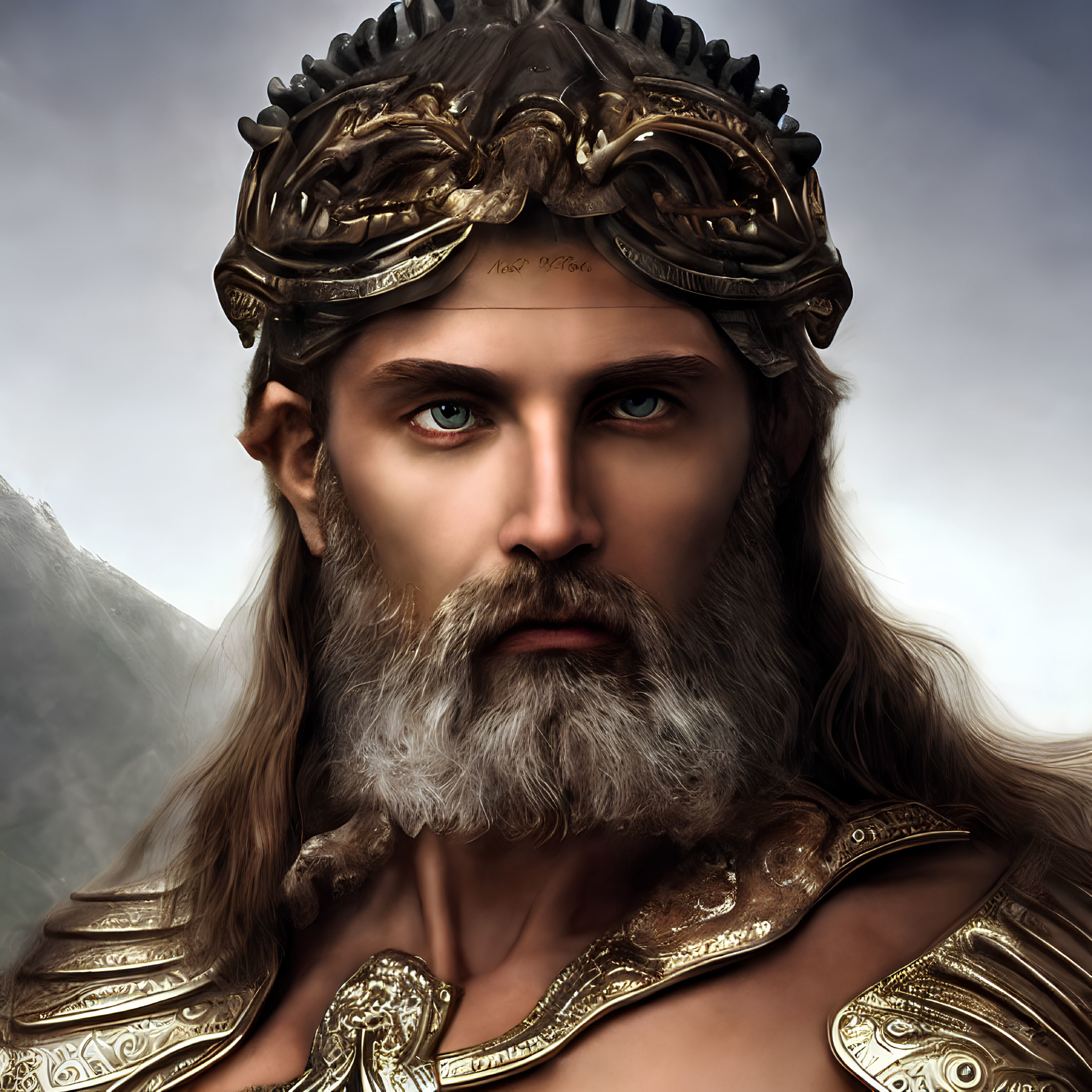 Regal man with crown in ornate gold armor on misty mountain backdrop